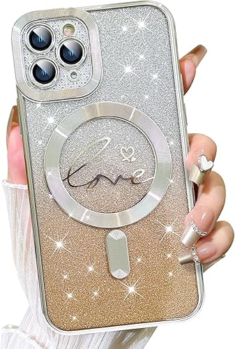 Vista 644 de Fiyart - Funda transparente magnética con purpurina para iPhone 12 para mujeres, con grabado "Love" metálico, protección para cámara y antigolpes