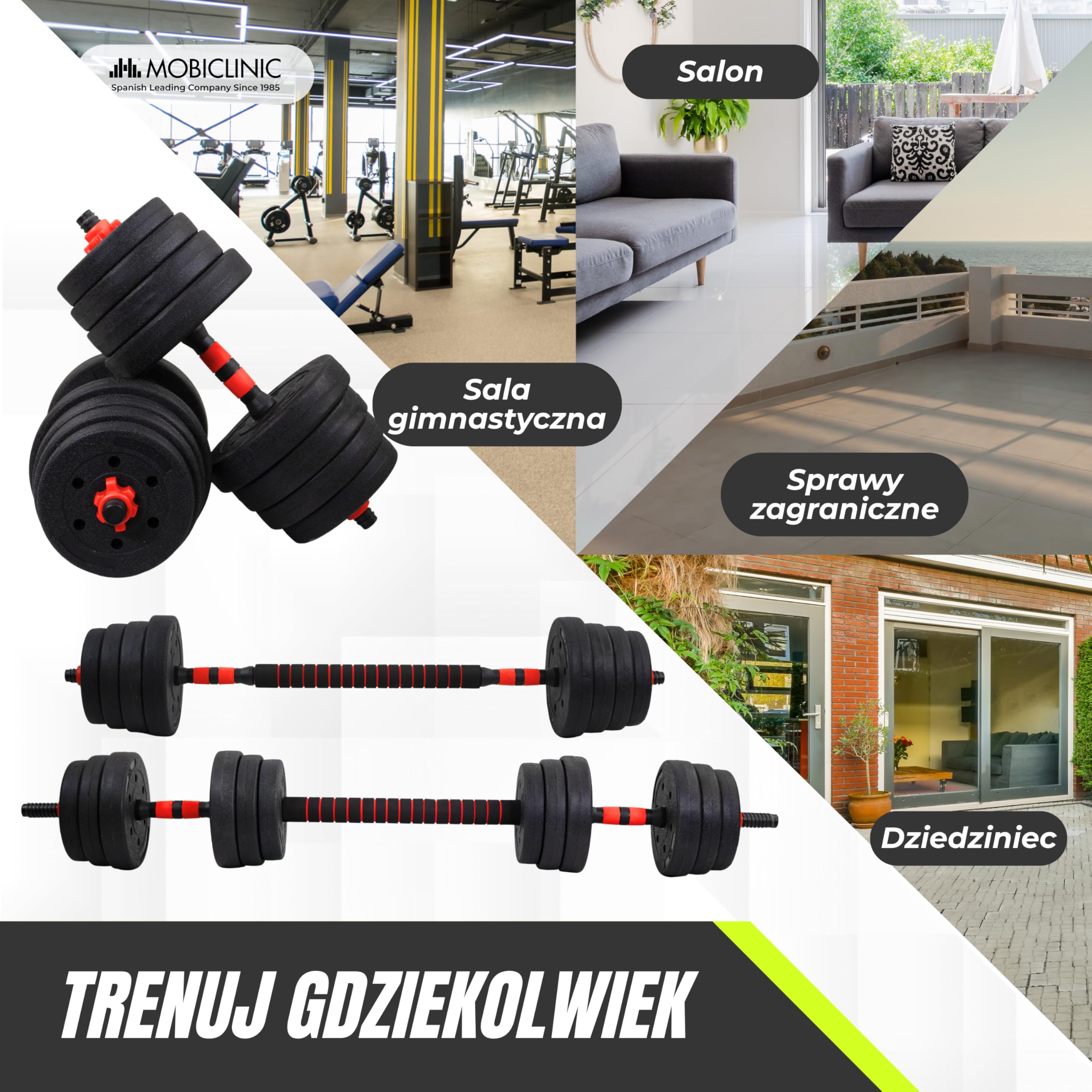Mobiclinic®, Regulowane Hantle 30 kg, 2 w 1, Zestaw Ciężarków, Hantle, Drążek Łączący, Przenośny, Uchwyt Antypoślizgowy, Maxifit, Siłownia Domowa, Fitness