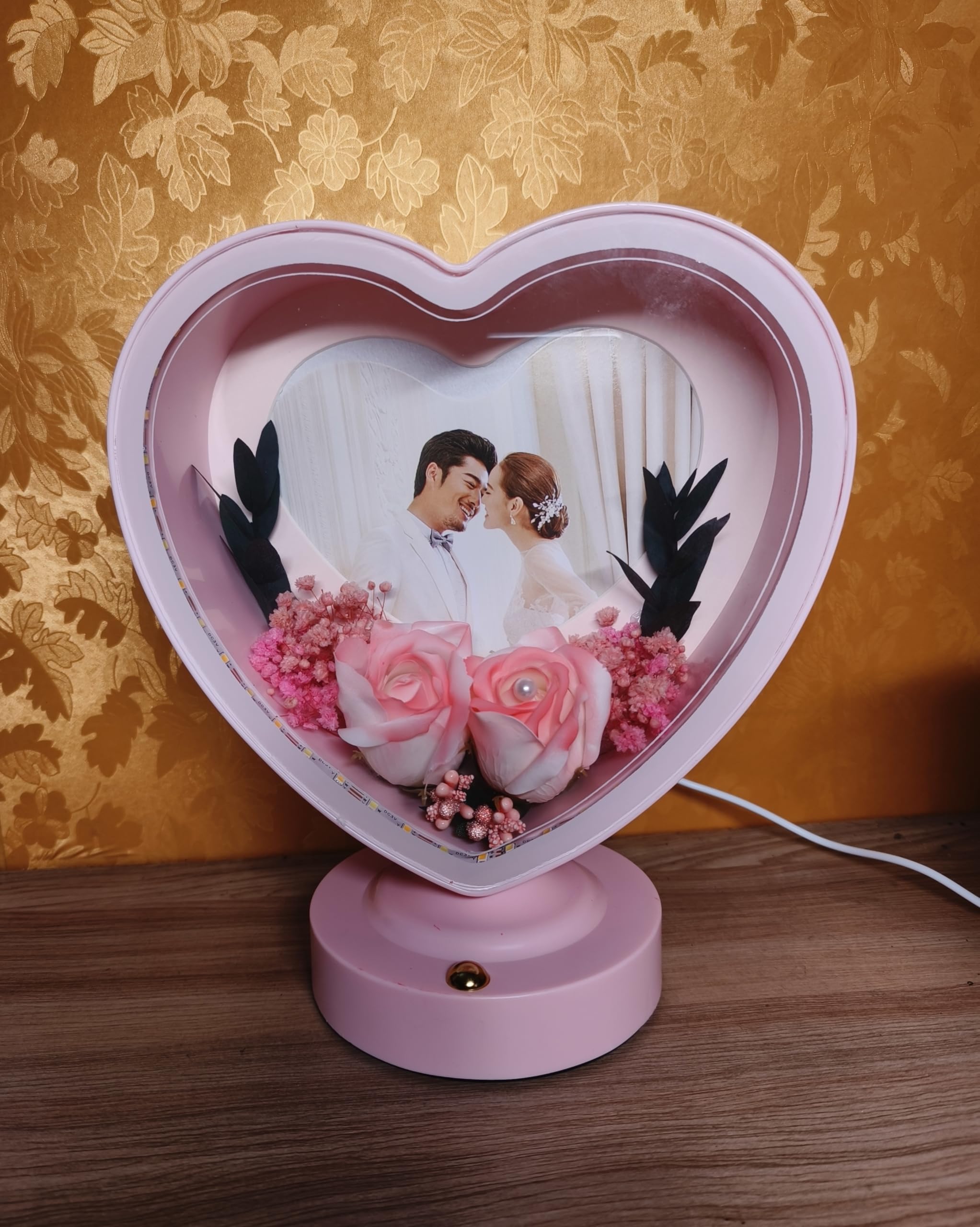 ND ENTERPRISE Heart-Shaped LED Photo Frame with Floral Decor, Pink