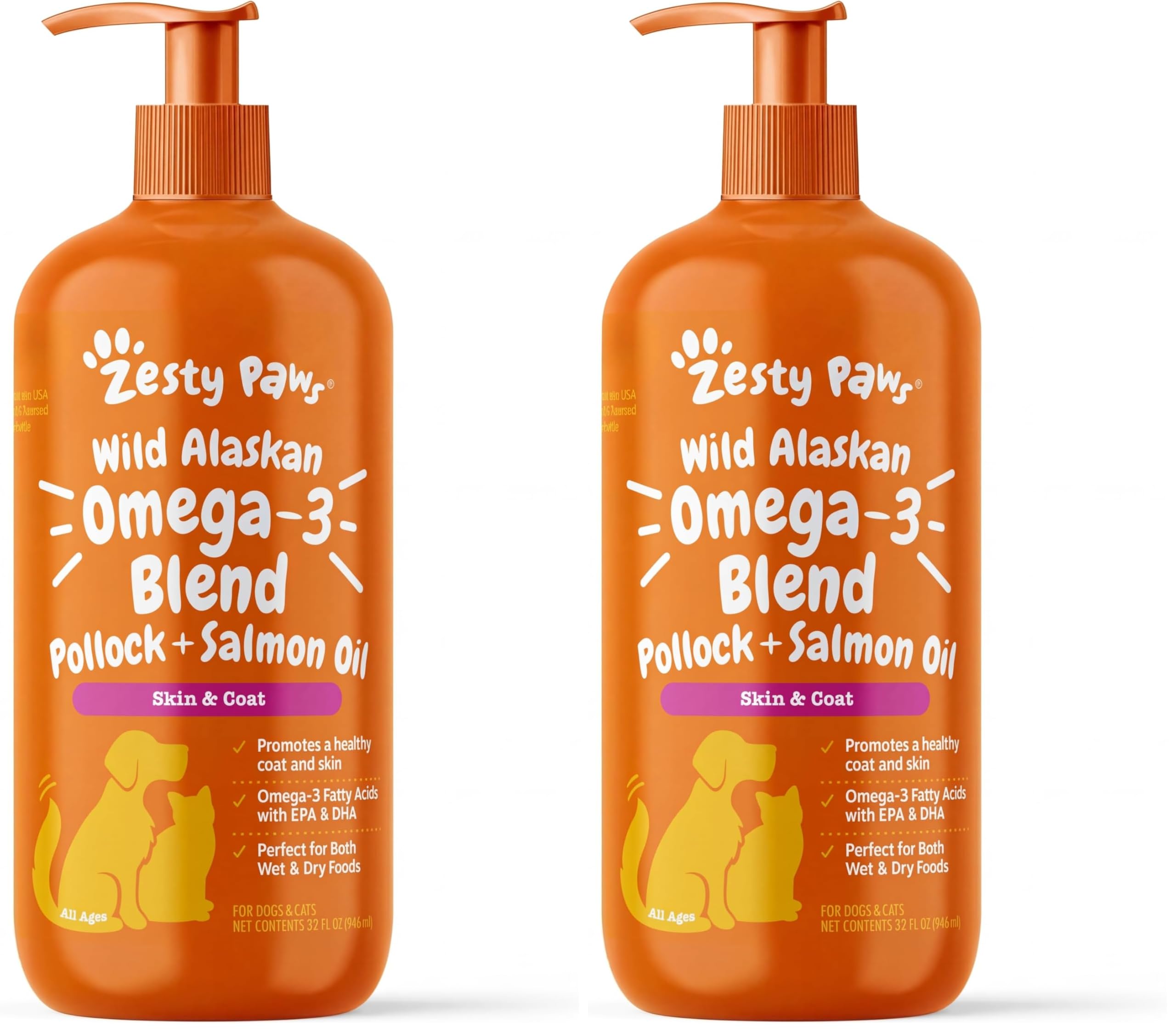 Zesty Paws Wild Alaskan Omega-3 Blend Pollock + Salmon Oil for Dogs and Cats- Skin and Coat Support, Omega 3 Supplement for Pets, 32oz (Pack of 2) Salmon Oil 32 Fl Oz (Pack of 2)