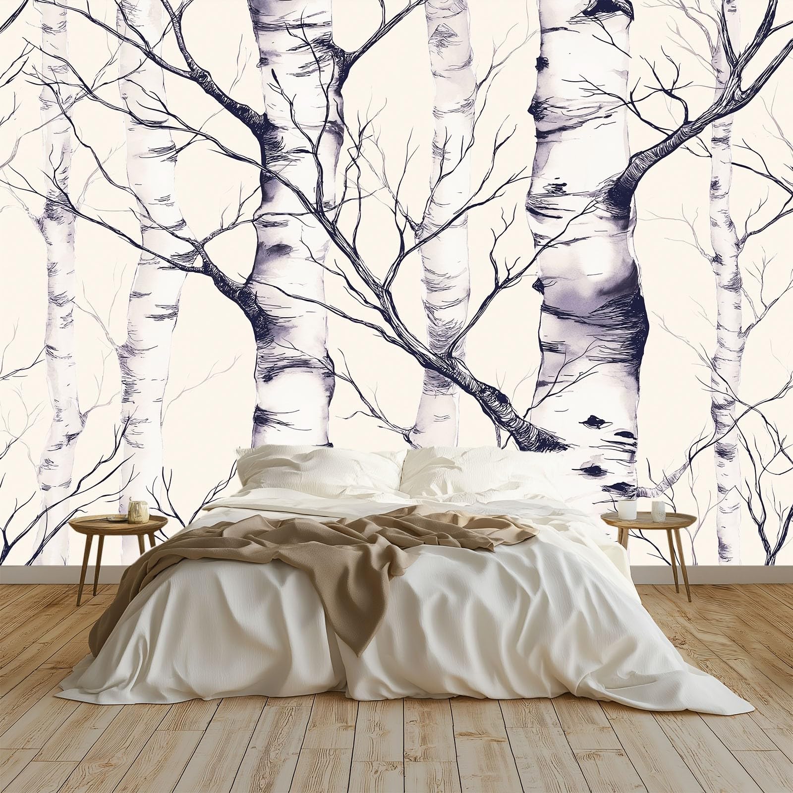 Panoramiczna tapeta w paski lasu brzozowego, tapeta z włókniny akwarelowej biały czarny do sypialni salonu jadalni-200 cm x 140 cm nowoczesna dekoracja ścienna tło