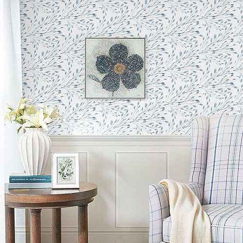 Miniatura 8 de Heroad Papel tapiz bohemio para despegar y pegar, papel tapiz de acuarela azul con hojas, papel de contacto azul claro, papel de contacto extraíble