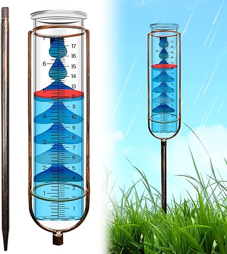 Yiwafary Medidor de lluvia de vidrio para exteriores, medidor de agua de lluvia de jardín con marco de metal, medidor de lluvia sin montaje para