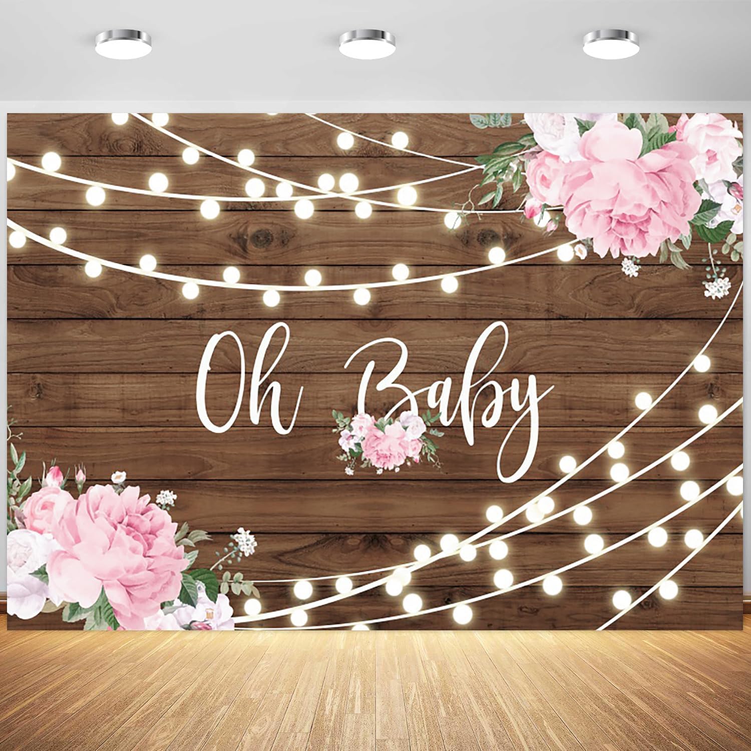 7x5ft Baby Shower Backdrop Pink Flowers Oh Baby Rustic Wood Photography Background - View #4