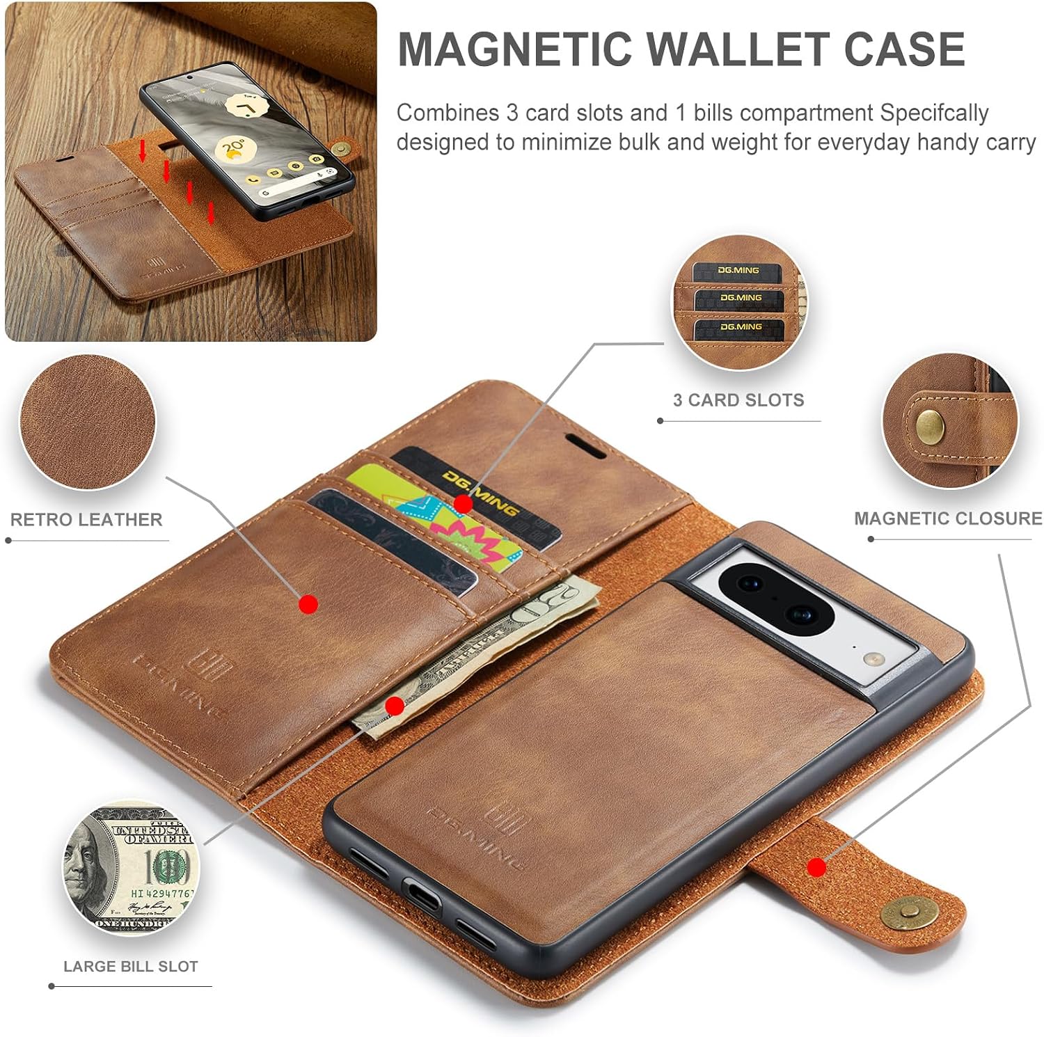 Detachable 2 in 1 Split Magnetic Flip Folio Wallet Case Compatible with Google Pixel 8 Genuine Leather Phone Case with 3 Card Holder Slots Kickstand Shockproof Cover(Brown)