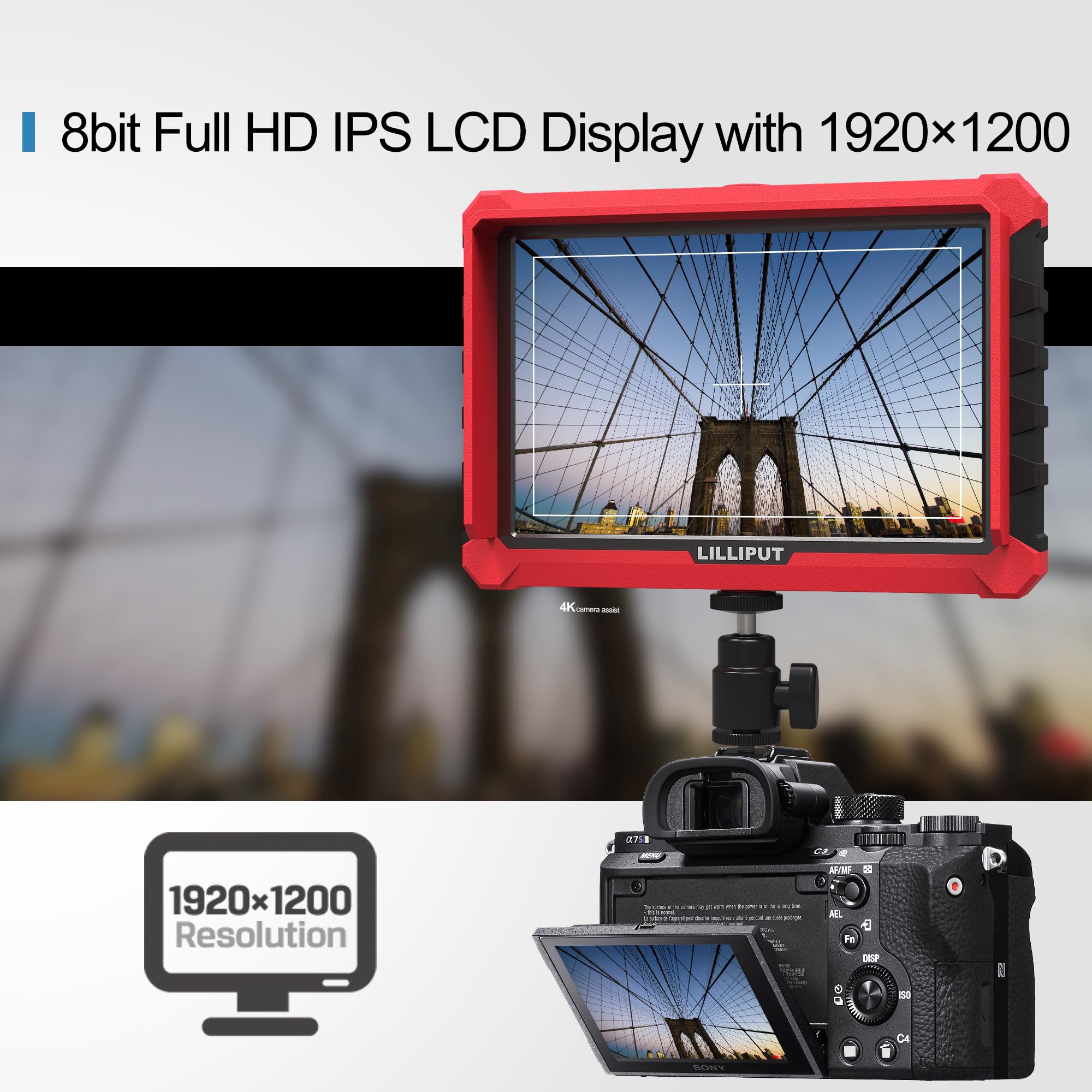 LILLIPUT A7S Moniteur de caméra sur écran de 17,8 cm 1920x1200 FHD IPS, Moniteur de champ pour appareil photo 4K24 avec entrée HDMI 1.4 et boucle/ 3G-SDI Moniteur de champ sur caméra