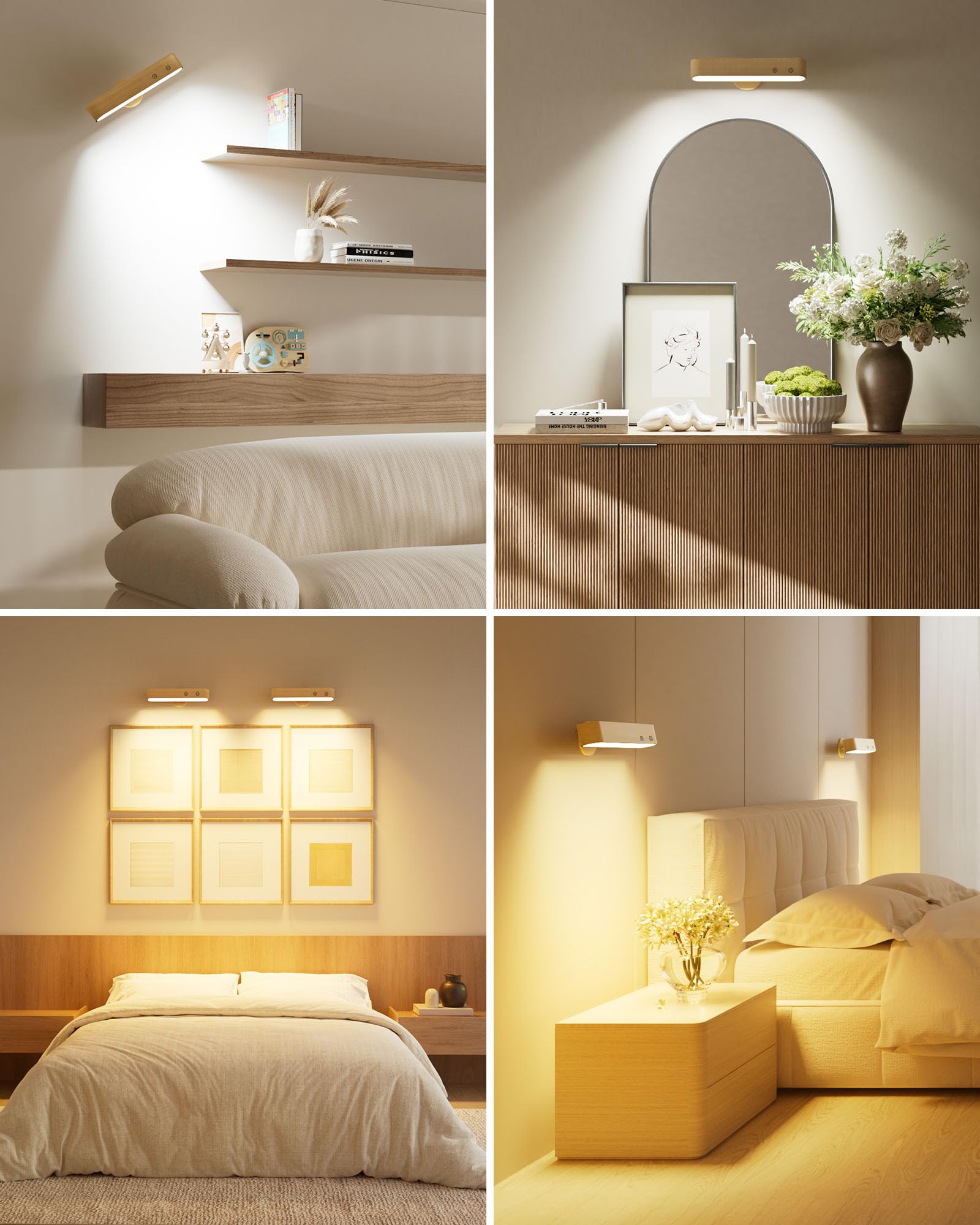 7500mAh Akku Wiederaufladbare Wandleuchten für Schlafzimmer, Kabellose Wandleuchten mit Fernbedienung und Touch, 360° Magnetische Drehung, 3 Farben Dimmbare Holz-Wandlampen mit 15 RGB-Farben
