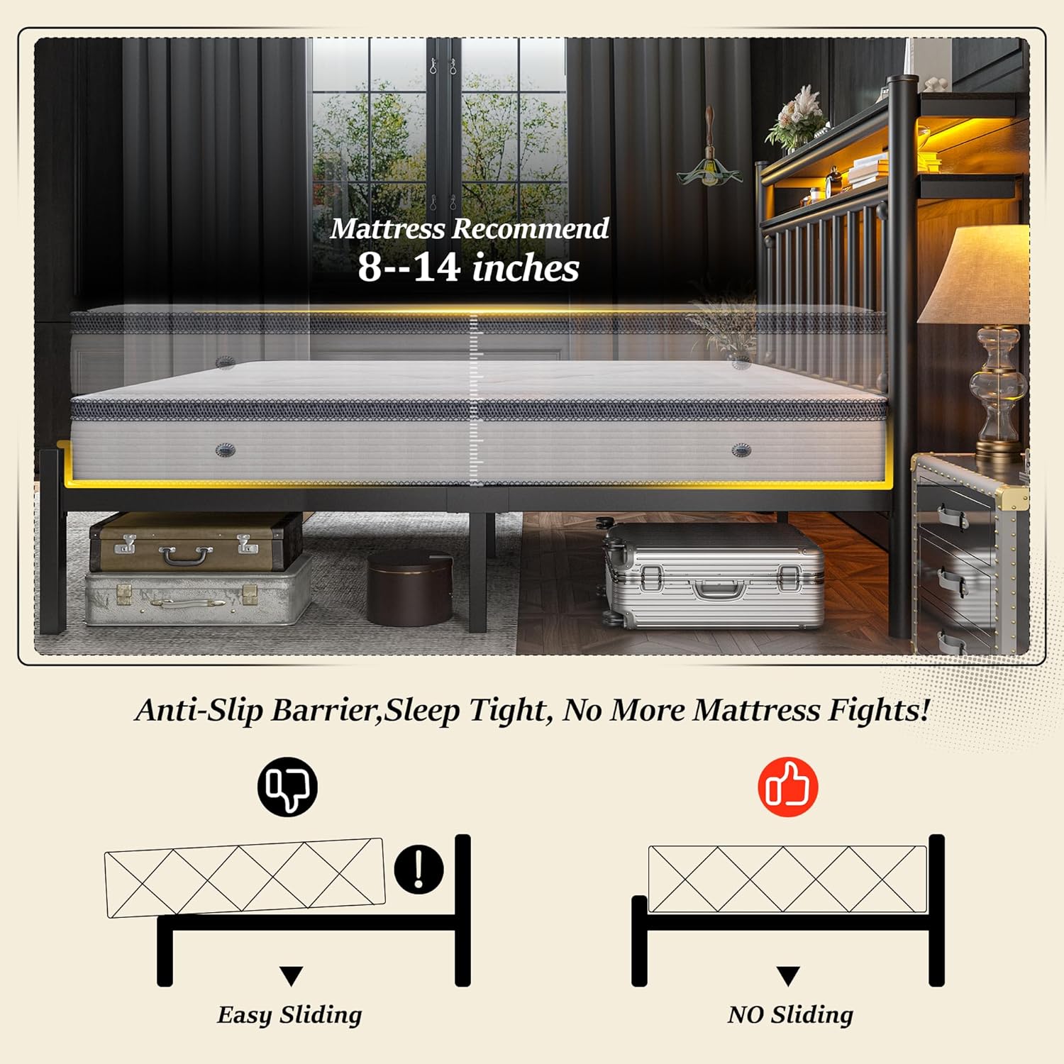 Homkdom Metal King Size Bed Frame and 2-Tier Storage Headboard, Bed Frame King Size with LED Light, Victorian Mattress Foundation Under Bed Storage/No Box Spring Needed/Noise-Free/Easy Assembly, Black