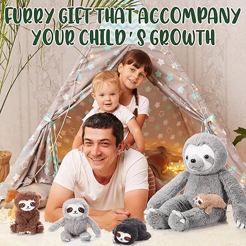 Miniatura 6 de Kasyat Juego de 5 juguetes de peluche de perezoso, 1 animal de peluche mamá perezoso con 4 lindos bebés de peluche en su vientre de 13 pulgadas,