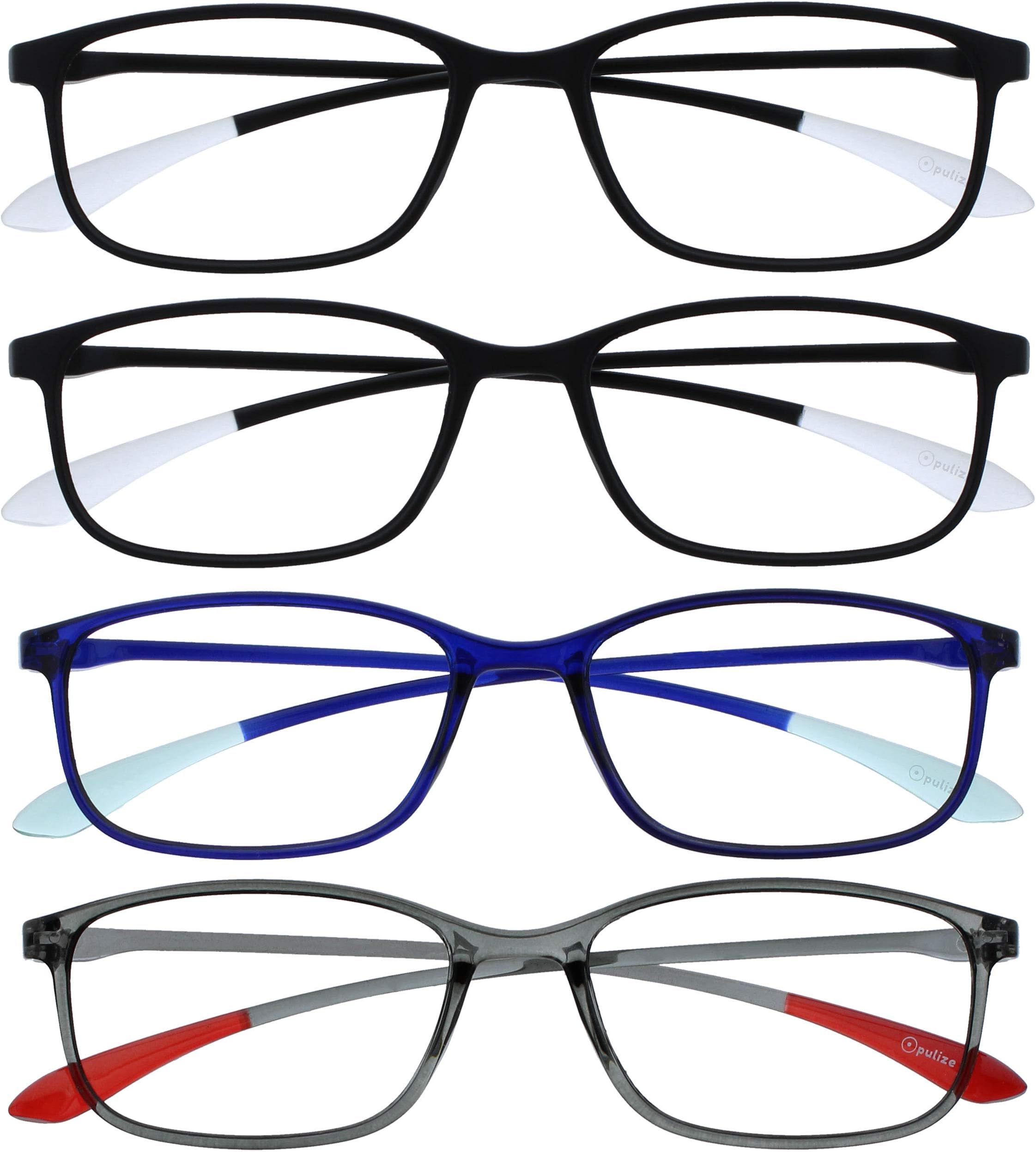 ICE Reading glasses for Women Men,Scratch Resistant Rectangular frame with Spring Hinges, Black,Dark Blue,Grey +2 (Pack of 4)