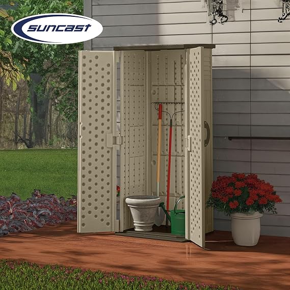 Suncast Vertical Shed, Compact Outdoor Storage System, 22 Cu. Ft. Capacity, Sand & Mustang - Lockable Multi-Wall Resin Organizer for Long-Handle Tools, Garden Supplies and Yard Equipment