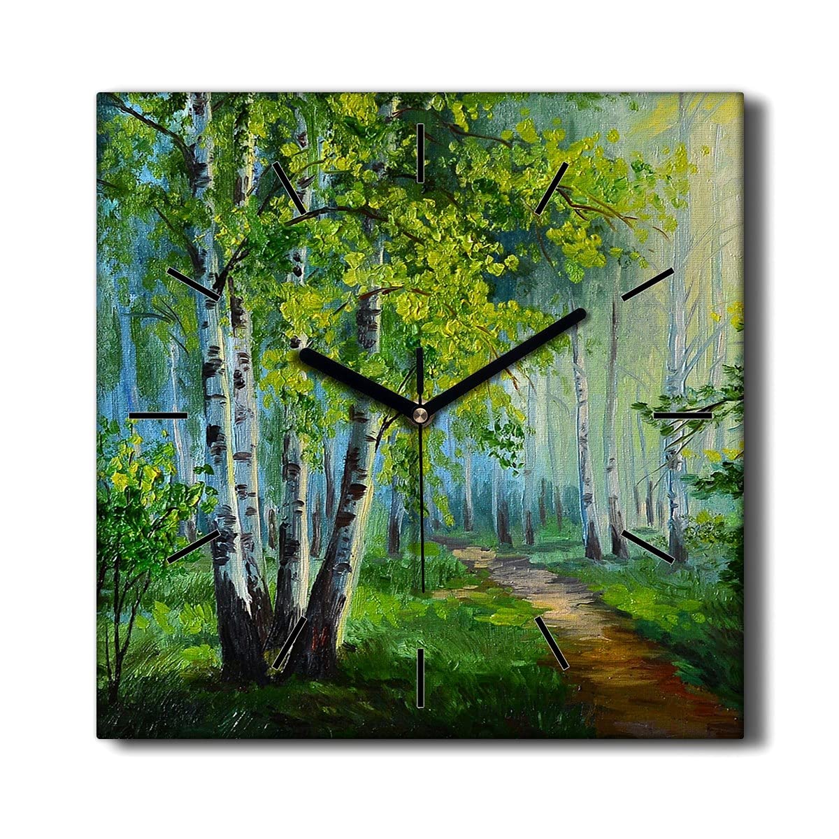 Horloge sur Toile 30x30cm Coloray avec Motif Feuilles et Chemin Forestier Silencieuse