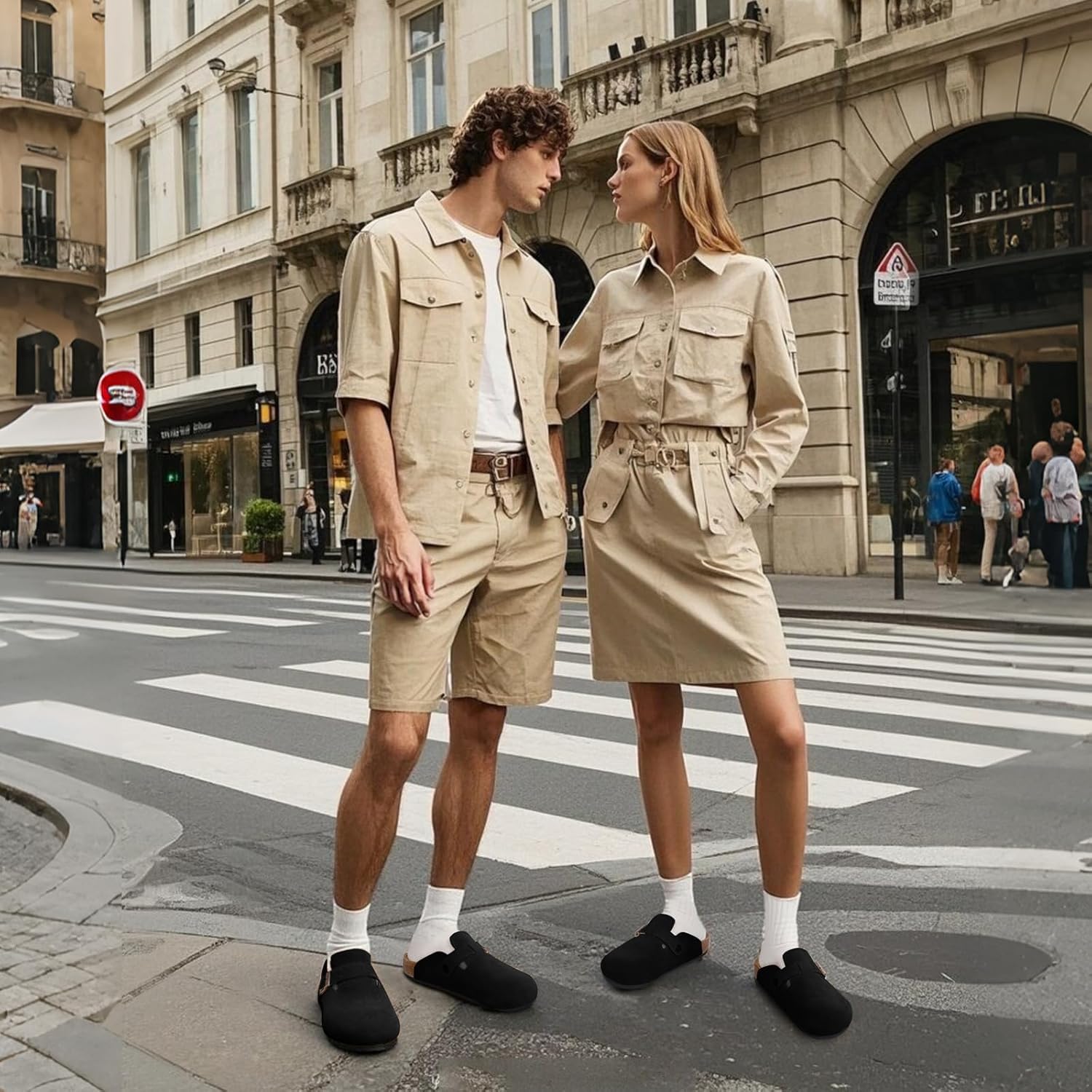 Women's Men's Suede Clogs Leather Mules Cork Footbed Sandals Comfort Potato Shoes with Arch Support(with Socks) - Image 2