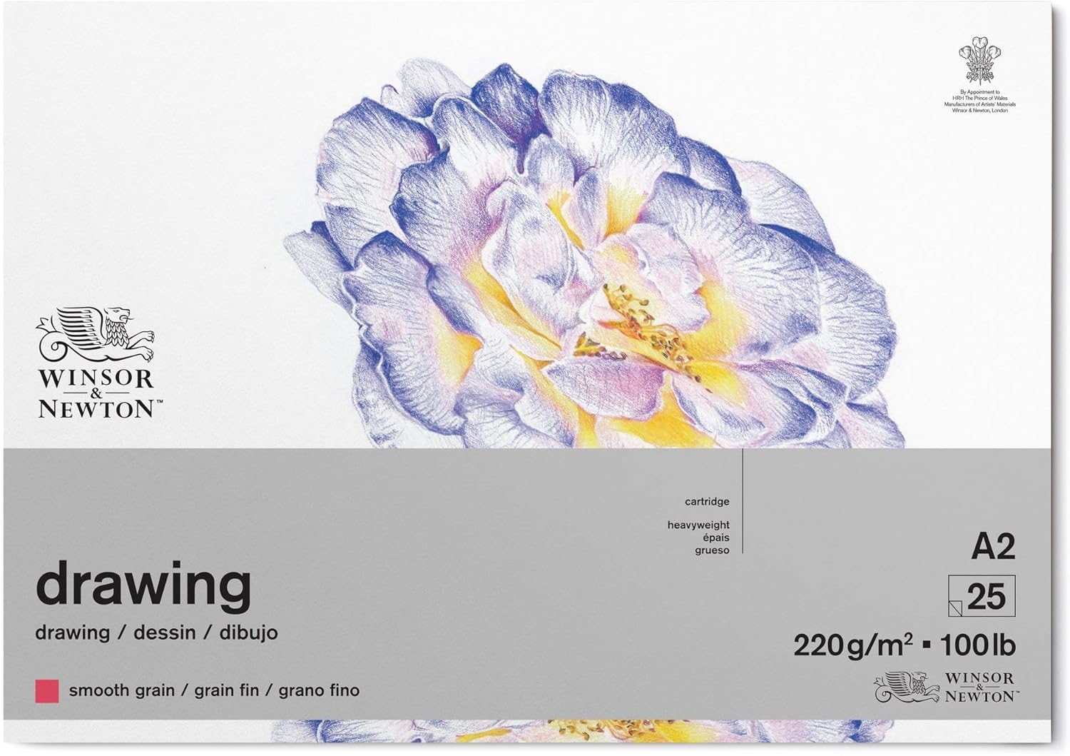 Winsor & Newton 6689743 Drawing Paper in Pad - 25 Sheets of A2, 220 g/m², Fine Grain, Natural White, Acid-Free in Archival Quality, Age-Resistant for Fineliners, Ink, Coloured Pencils