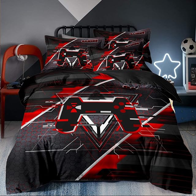 Gamer Duvet Cover Set Double Size Bedding Set Soft Microfiber Quilt Cover Game Duvet Cover for Teen Kids Boys with Pillowcases