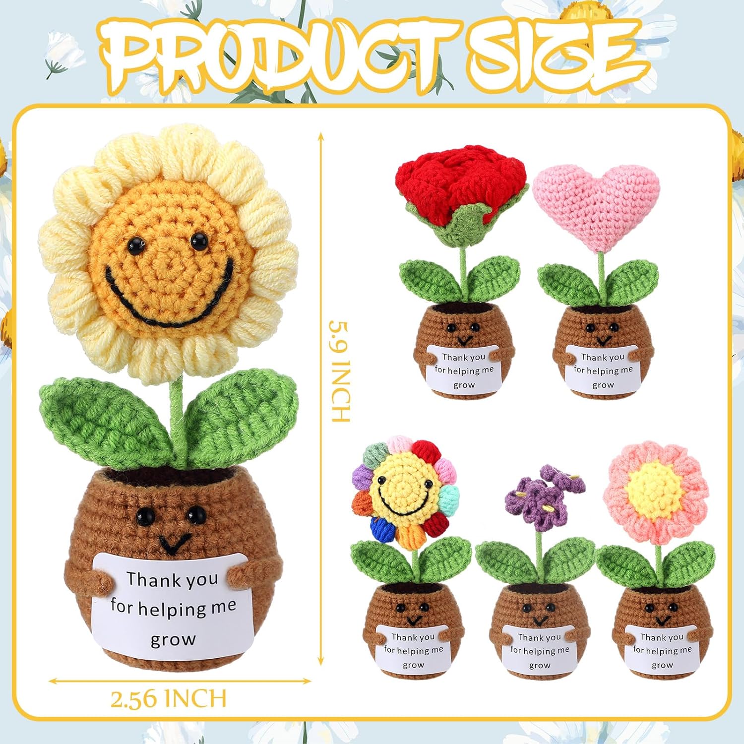 Threehoney 6 Pcs Teacher Appreciation Gifts Thank You for Helping Me Grow Gifts Emotional Handmade Positive Flower Crochet with Card Thank You Crochet for Women Teacher Birthday