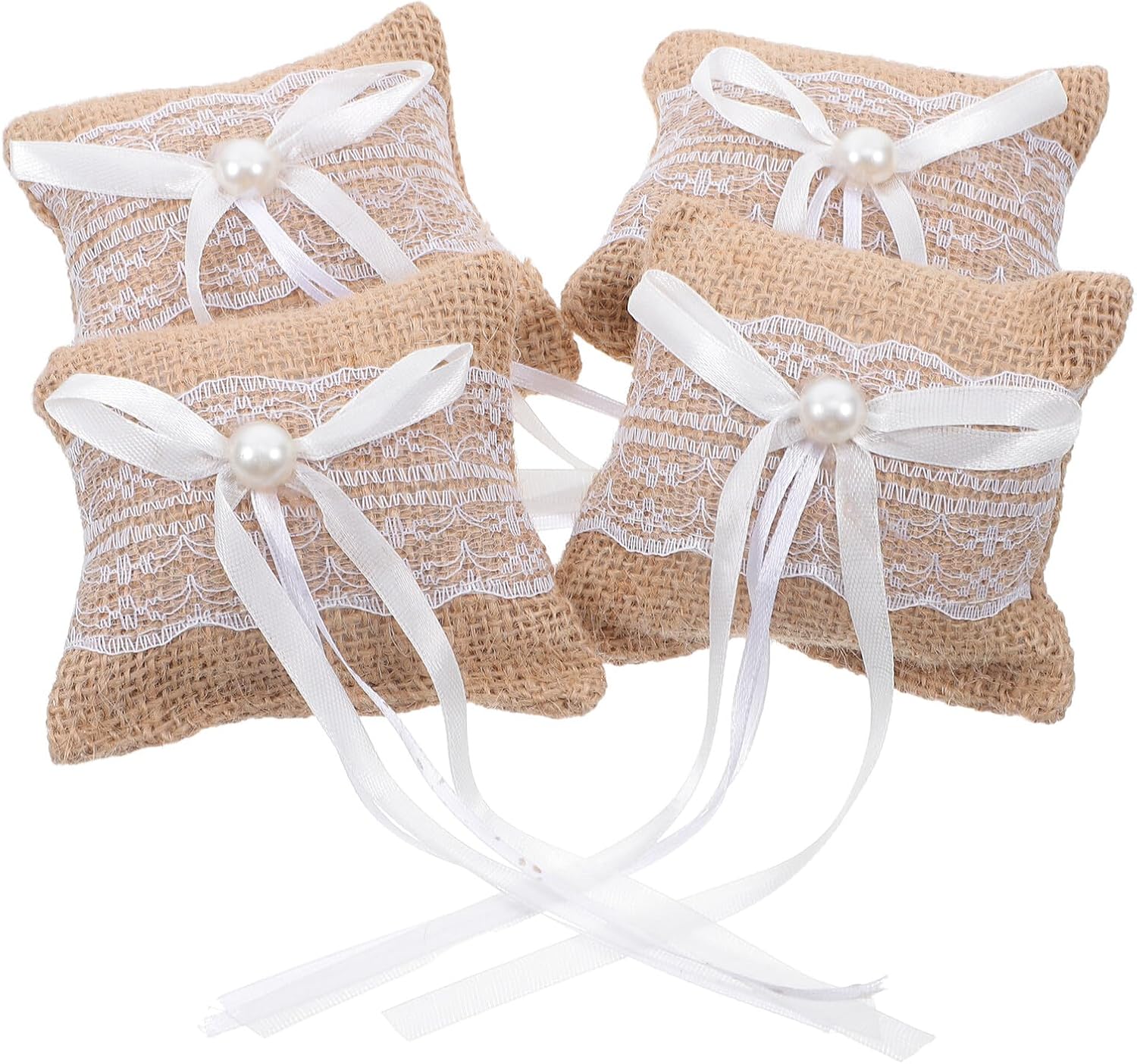 4pcs Rustic Burlap Ring Bearer Pillows with Lace Small Cushion Bridal Wedding Ceremony Flower Display Holder for Engagement Proposal