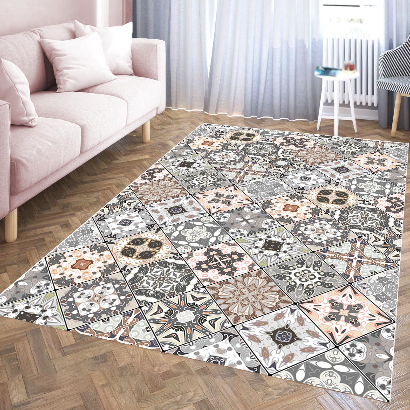 Grand Tapis Lavable Antidérapant pour Chambre, Salon, Bureau, Salle a Manger,Motifs Patchwork géométriques Floraux Vintage et Modernes, Gris, 200 x 290 cm