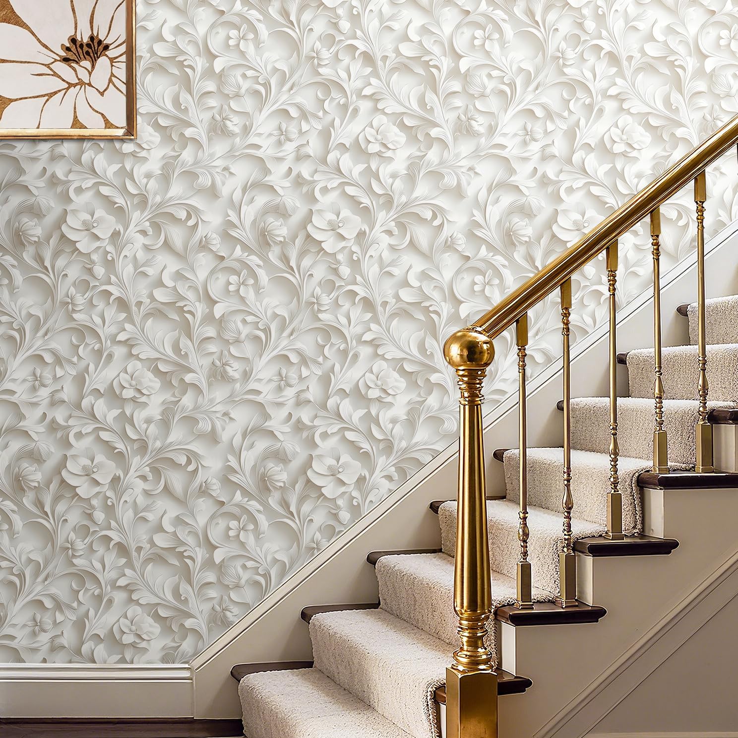 LaCheery 17.5"x275" Faux 3d Embossed Wallpaper Floral Embossed Peel and Stick Wallpaper White Floral Contact Paper Peel and Stick Flower Wall Paper Removable Roll for Living Room Kitchen Walls Shelves