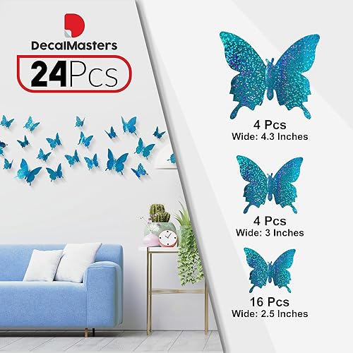 Miniatura 2 de 24 calcomanías de pared de mariposa 3D con purpurina azul, 3 tamaños, decoración de mariposas para pared, calcomanías murales extraíbles para el