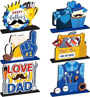 Suzile 6 Pieces Father's Day Table Decorations Happy Father's Table Centerpiece Dad's Day Theme Party Decorations Best Dad Ever Wood Tiered Tray Decor Signs for Birthday Gift Supplies(Multicolor)