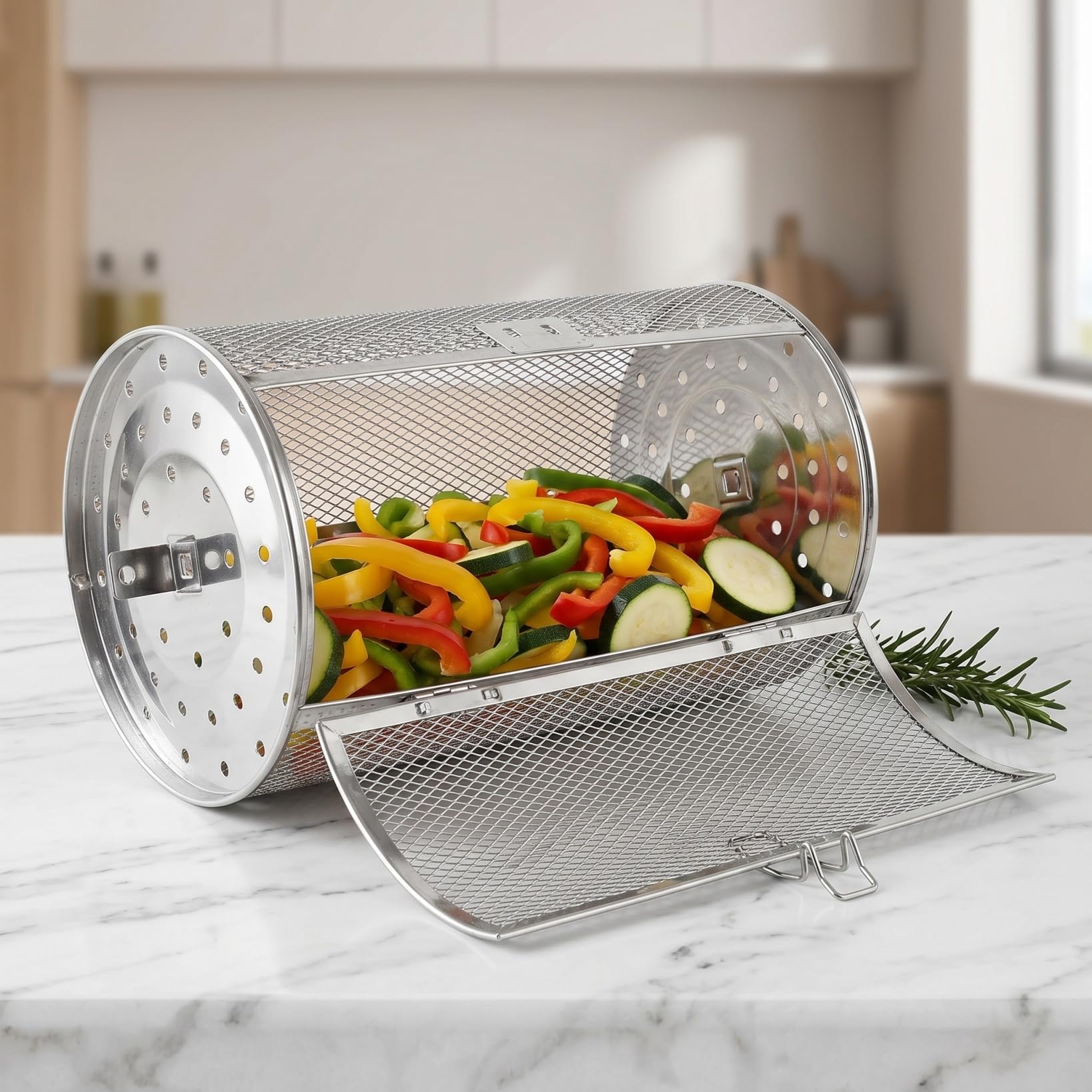 BESTOYARD Edelstahl Grillkorb Drehbar FüR Backofen Und HeißLuftfritteuse Ofenkorb Mit 360° Drehspieß FüR GemüSe NüSse Und Fleisch Robust Und Vielseitig FüR Grillgerichte Und Braten