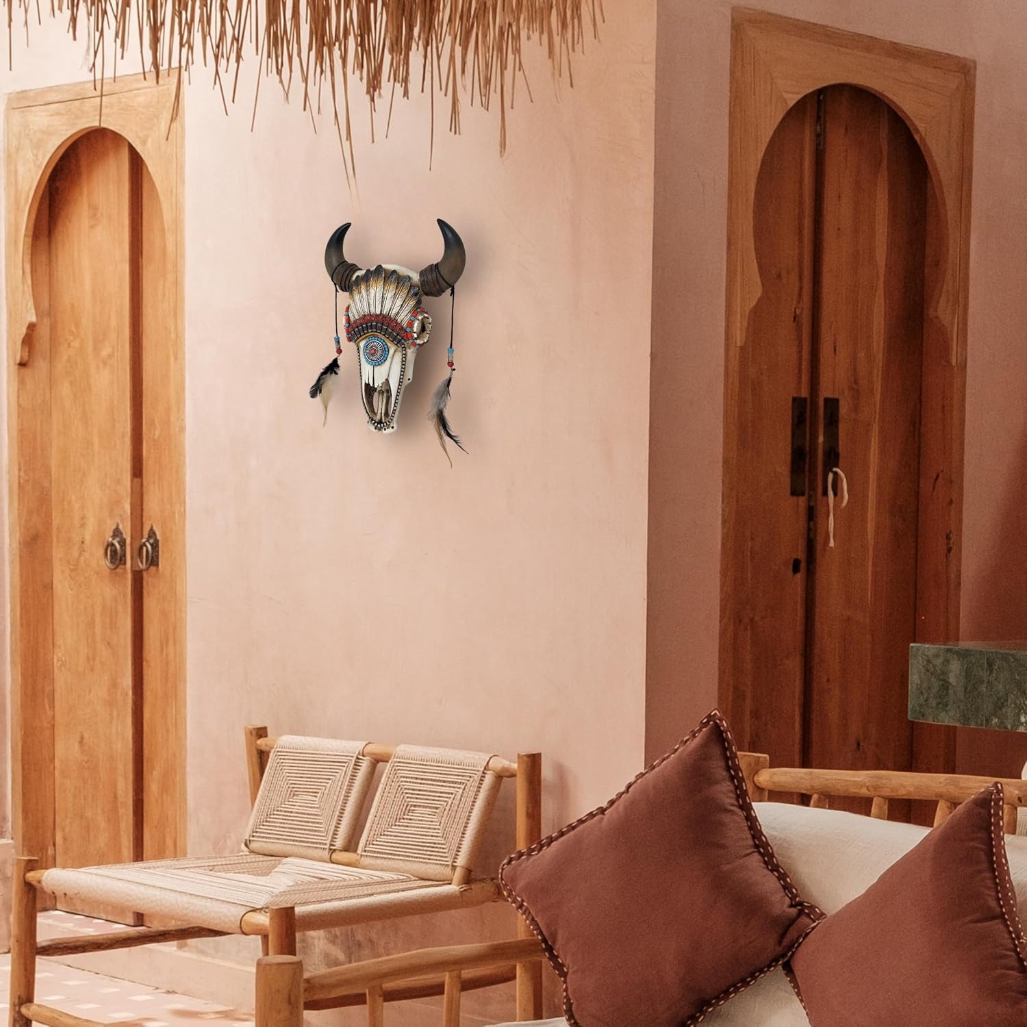 AMAJY Southwest Faux Bull Skull Wall Decor with Feather Headdress – Rustic Resin Western Art for Home Cabin or Lodge Boho Native American Style Decorative Sculpture Unique Cow Accent Piece