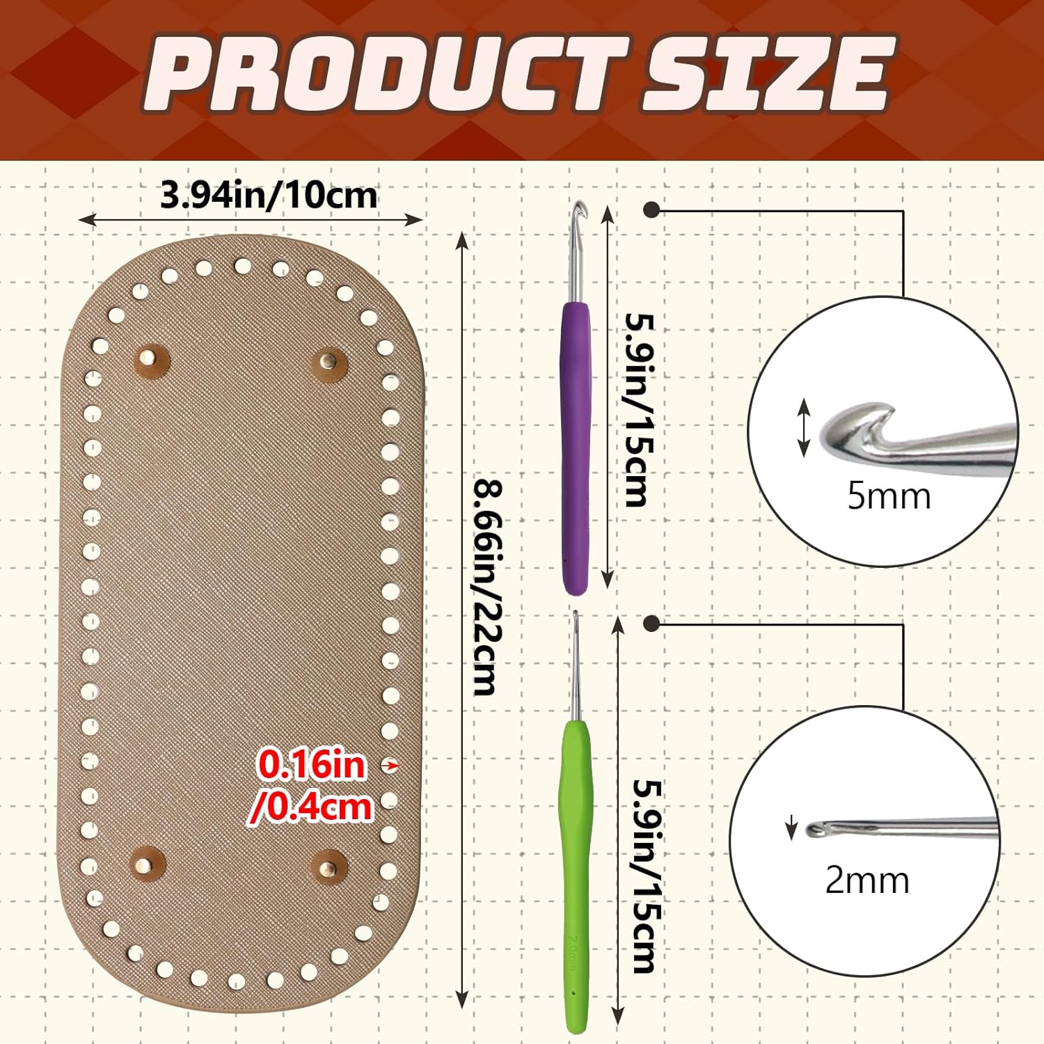 Zorfeter 4 Pack Bag Bases with 2 PCS Crochet Hook, PU Leather Crochet Bottoms Leather Purse Bottoms, 8.7x4 Inch Bag Bottom Shaper for DIY Bag Making/Crochet Enthusiasts - Image 3