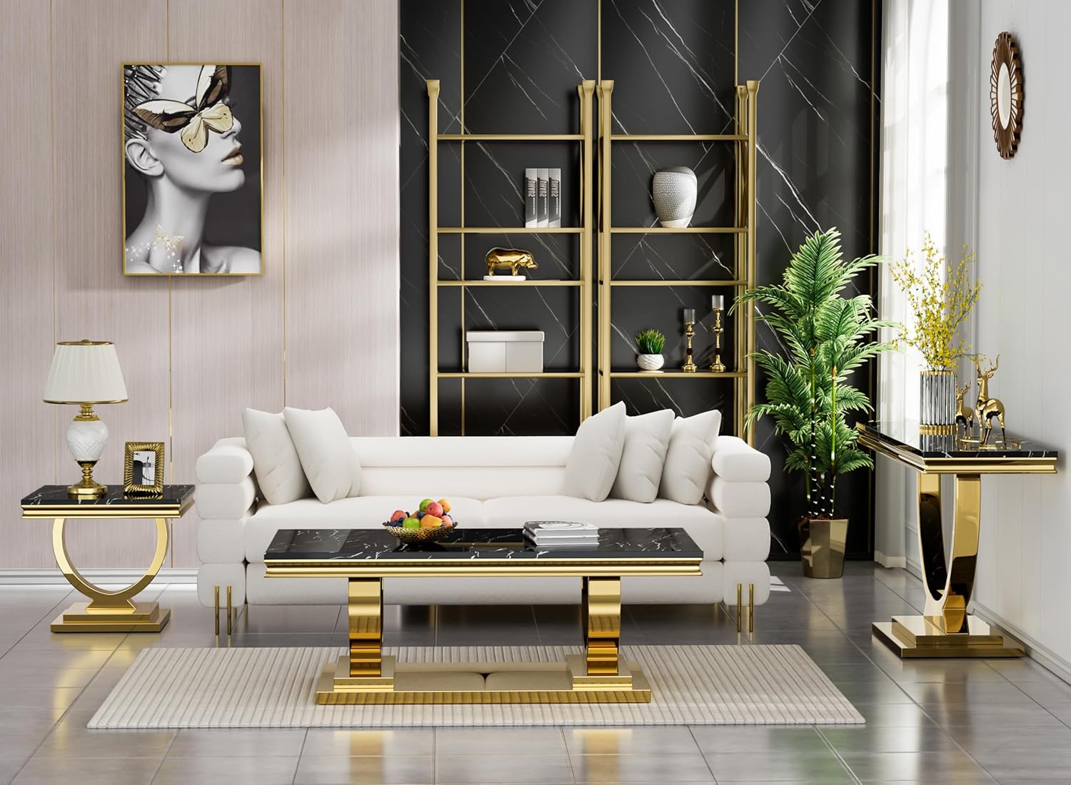 Black Coffee Table and End Table Sets, 3 Piece Marble Living Room Table Set 1 Coffee Table and 2 End Tables,Modern Faux Marble Top with Gold Stainless Steel Frame for Living Room