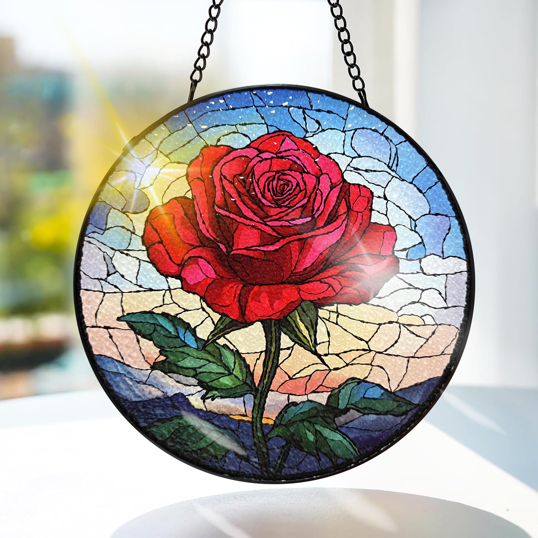 Bimkole Rose Stained Glass Suncatcher Window Hanging, Flowers Design for Indoor Window or Doorway Decoration