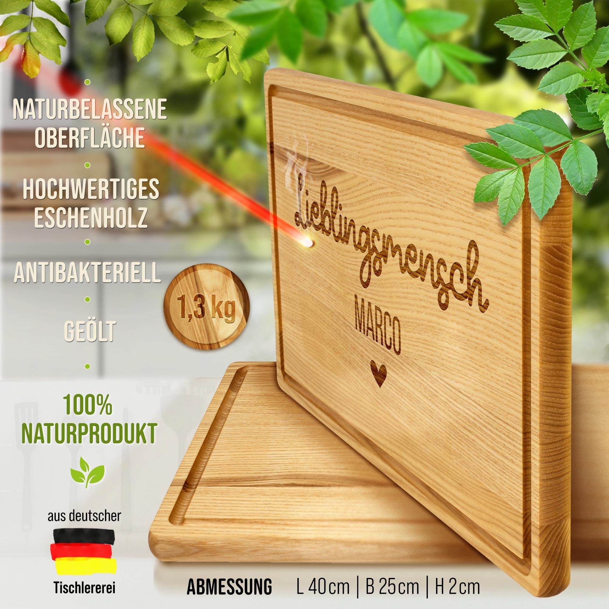 Großes Holzbrett mit Gravur - Schneidebrett personalisiert mit Name - Geschenk für Lieblingsmensch | Eschenholz, 40 x 25 x 2 cm, personalisiertes Geschenk mit Gravur