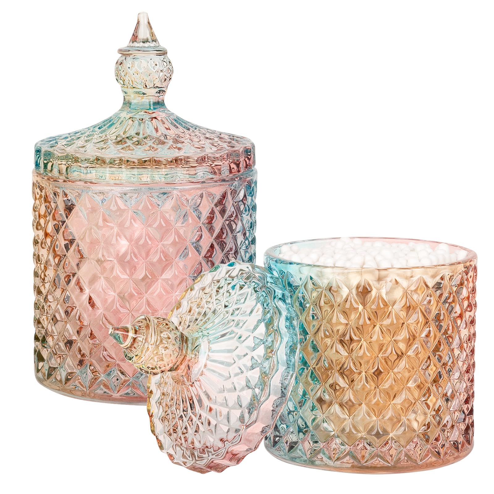 2 Pack Qtip Holder Glass Bathroom Accessories Vanity Organizers and Makeup Storage for Cotton Swabs, Balls, Pads, Floss Picks, Candy, Small and Large