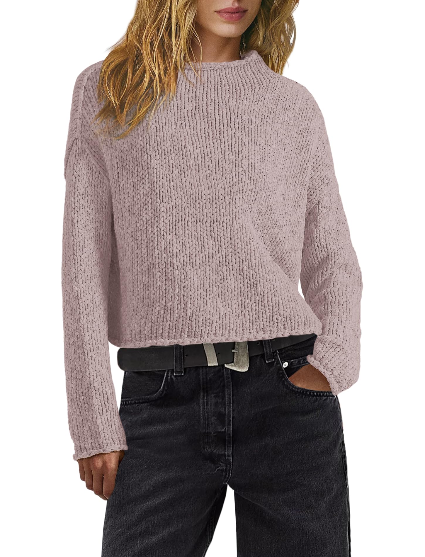 Panadila Womens Oversized Cropped Sweater Spring Chunky Knit Pullover Sweaters Mock Neck Long Sleeve Sweater Tops