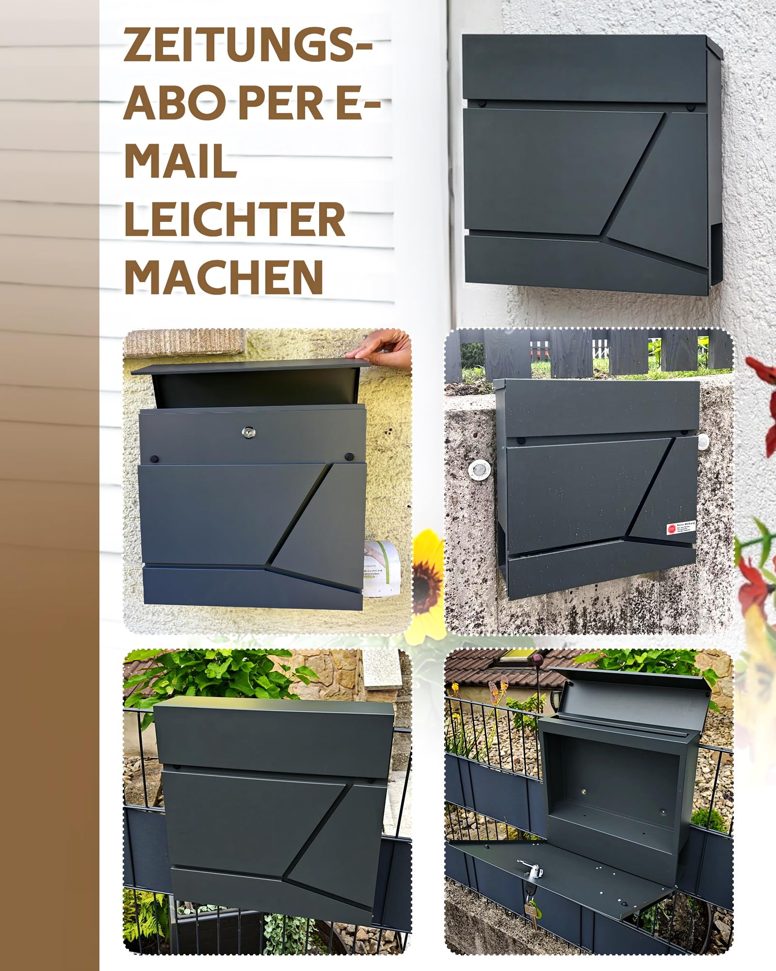 Briefkasten Anthrazit Edelstahl Mit Zeitungsfach(37 X 37 X 10cm), Personalisiert Mit Namensschild, Wetterfest, Aufkleber Gegen Unerwünschte Werbung, Wandbriefkasten Postkasten Briefkästen