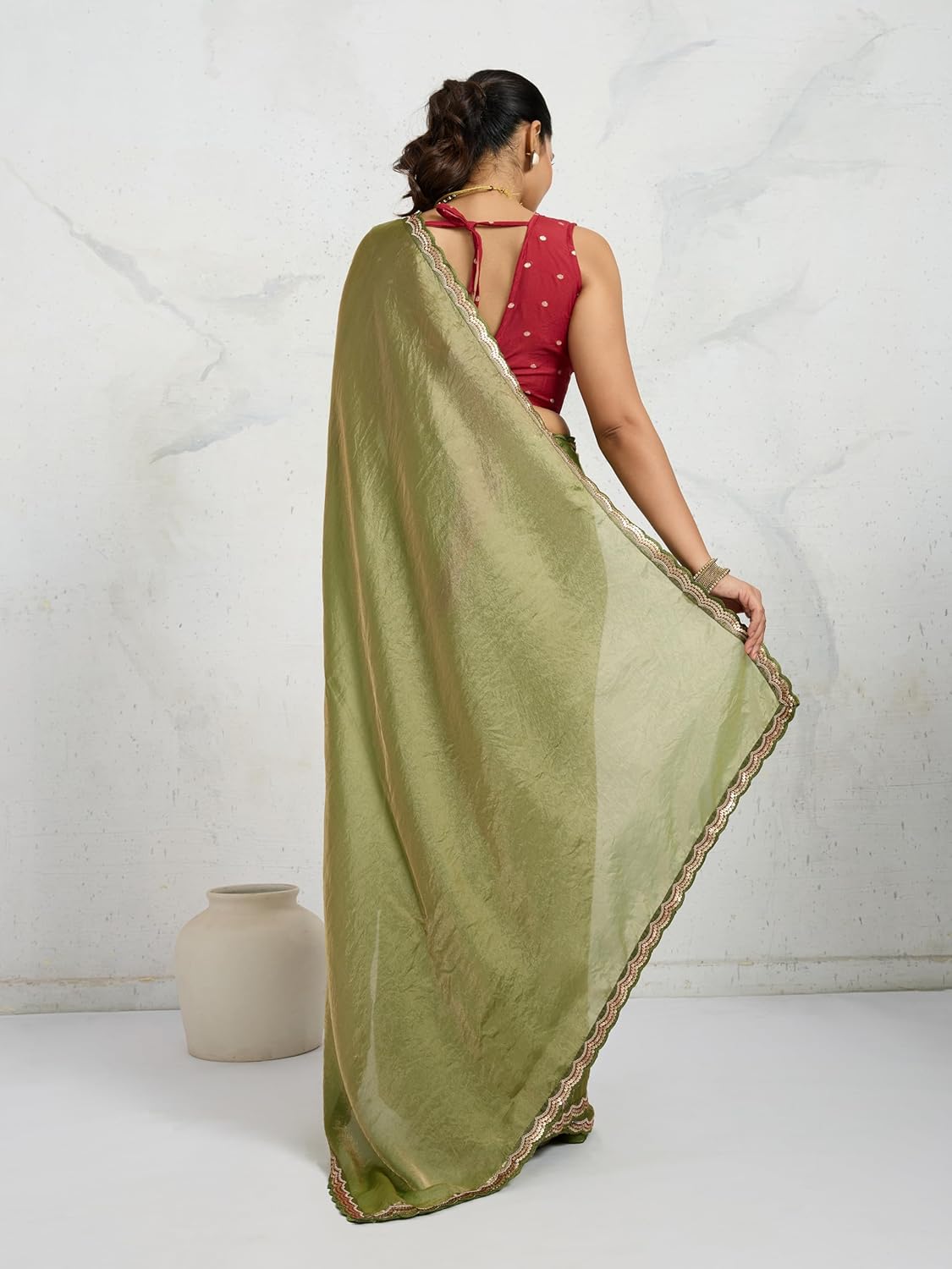 Saree for Women Shimmer Satin Scalloped Sequin Embroidery border work Saree for Festive Style Sari with Blouse Piece