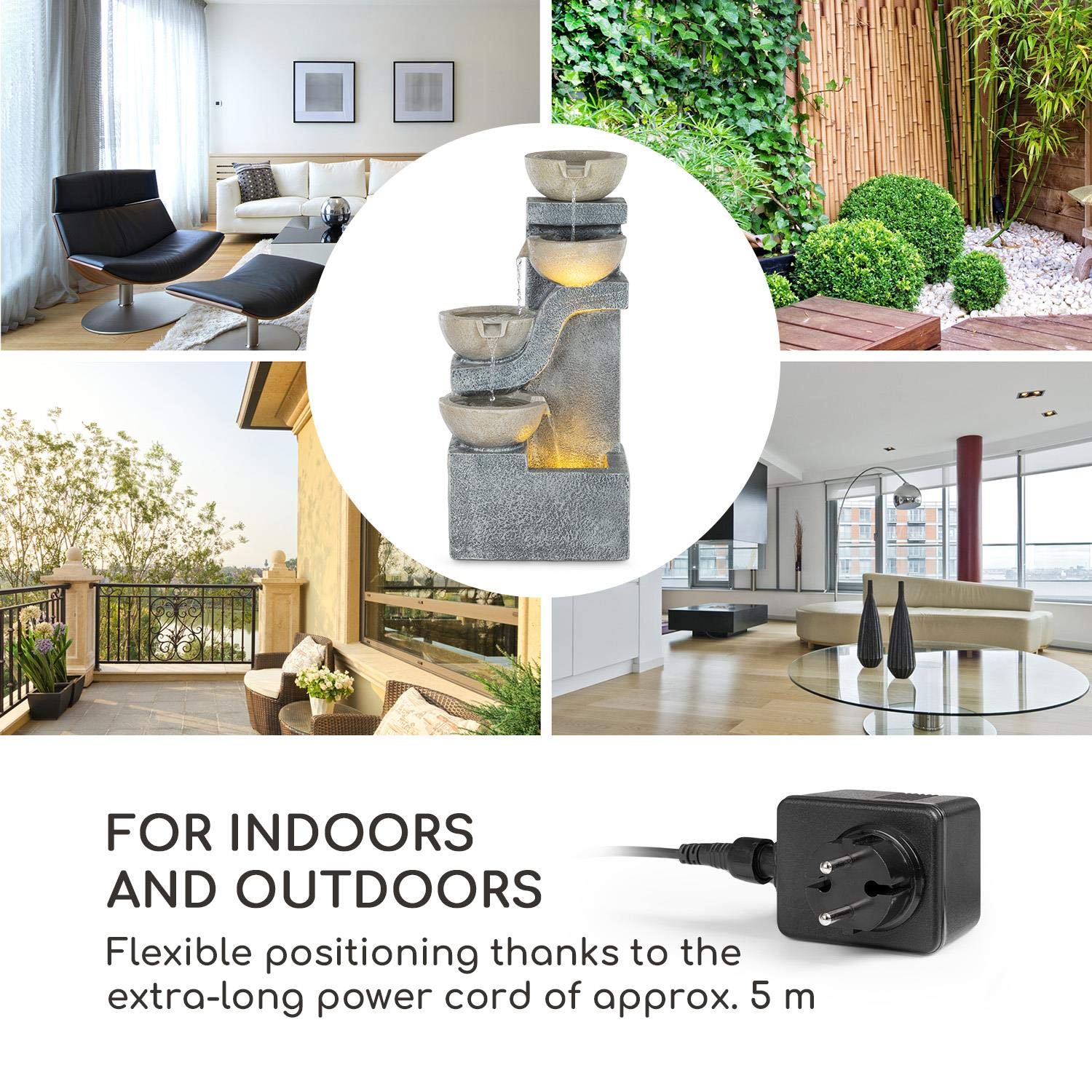 blumfeldt Delos - Fontana da Giardino Decorativa, Gioco d'Acqua, Umidificazione, Illuminazione LED: Bianco Caldo, al Chiuso e all'Aperto, Cavo: lungo 5 m, Cemento, Grigio