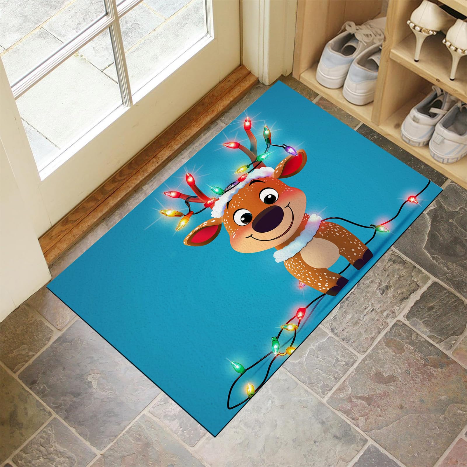 Paillasson 90x150 cm pour entrée tapis imperméable et lavable motif cerf dessin animé
