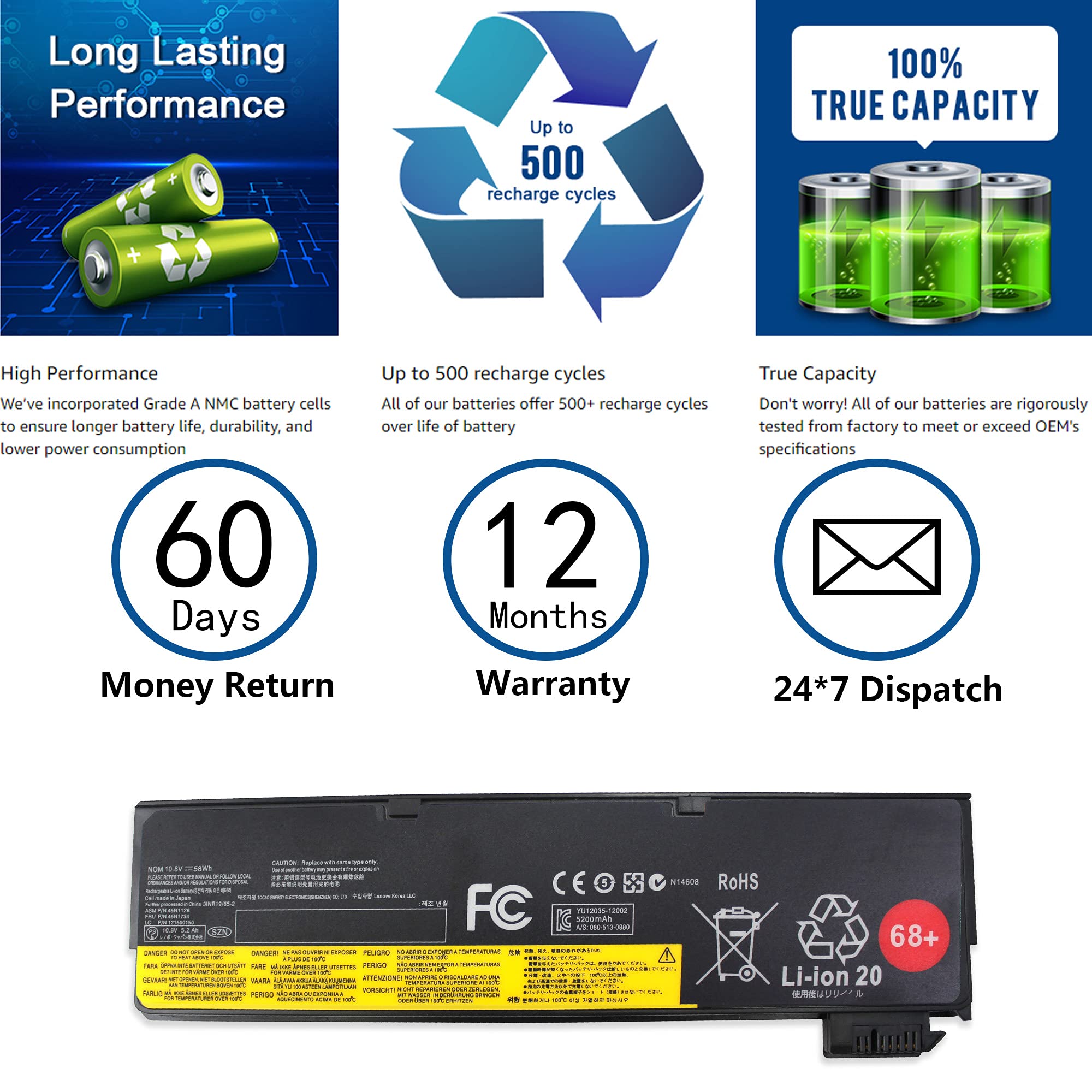 68+ Batterie pour Lenovo ThinkPad X240 X250 X260 X270 W550 L450 L460 L470 | W550s P50s T440 T440s T450 T450s T460 T460p T470p T550 T560 A275 K2450 K21-80 45N1124 45N1125 45N1128 45N1129 45N1130 45N1132
