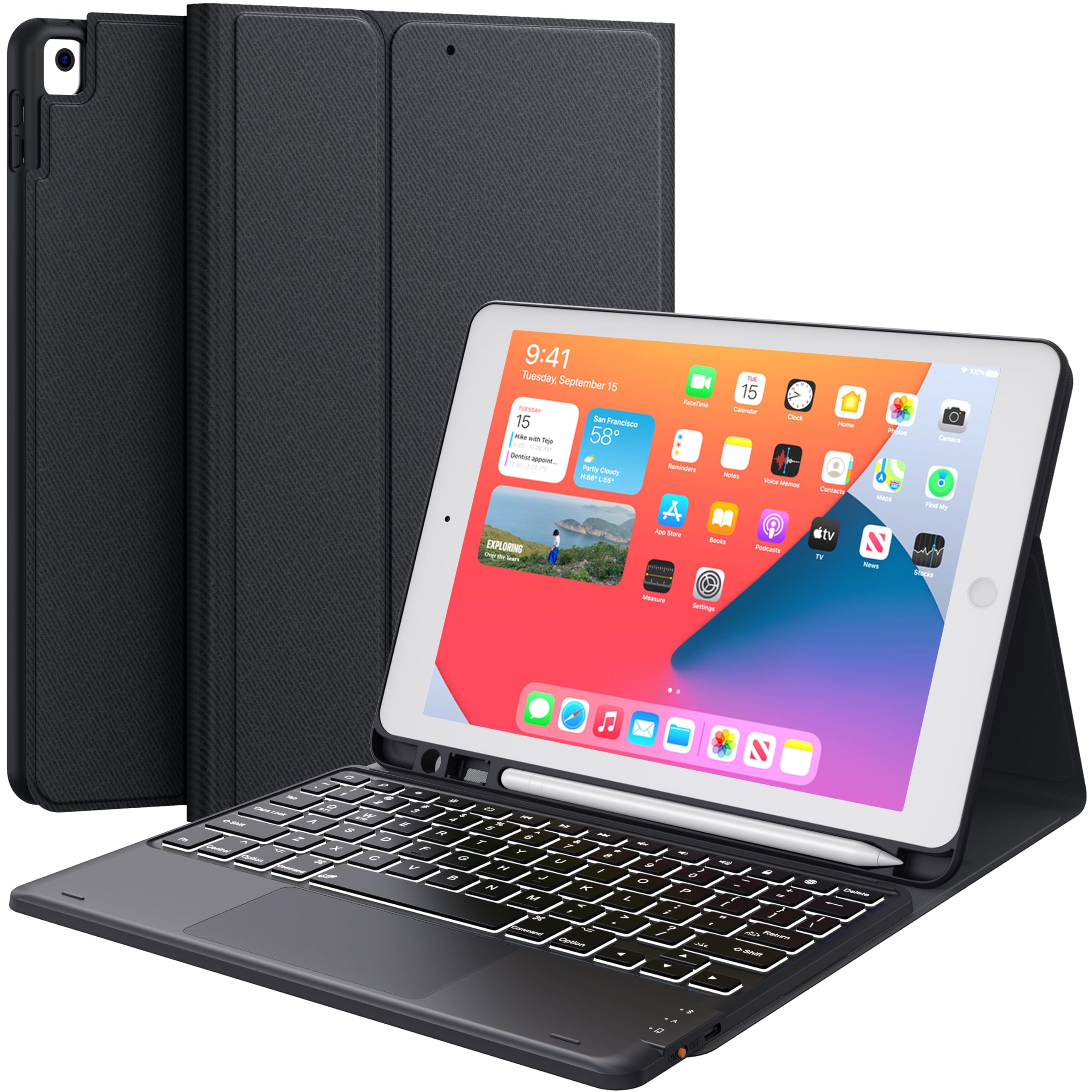 Earto iPad 9th Generation Case with Keyboard, 7 Color Backlit, Multi-Touch Trackpad, Built-in Pencil Holder, 2 Bluetooth Channels, Flip Stand Keyboard Case for iPad 9th/8th/7th Gen 10.2”, Black