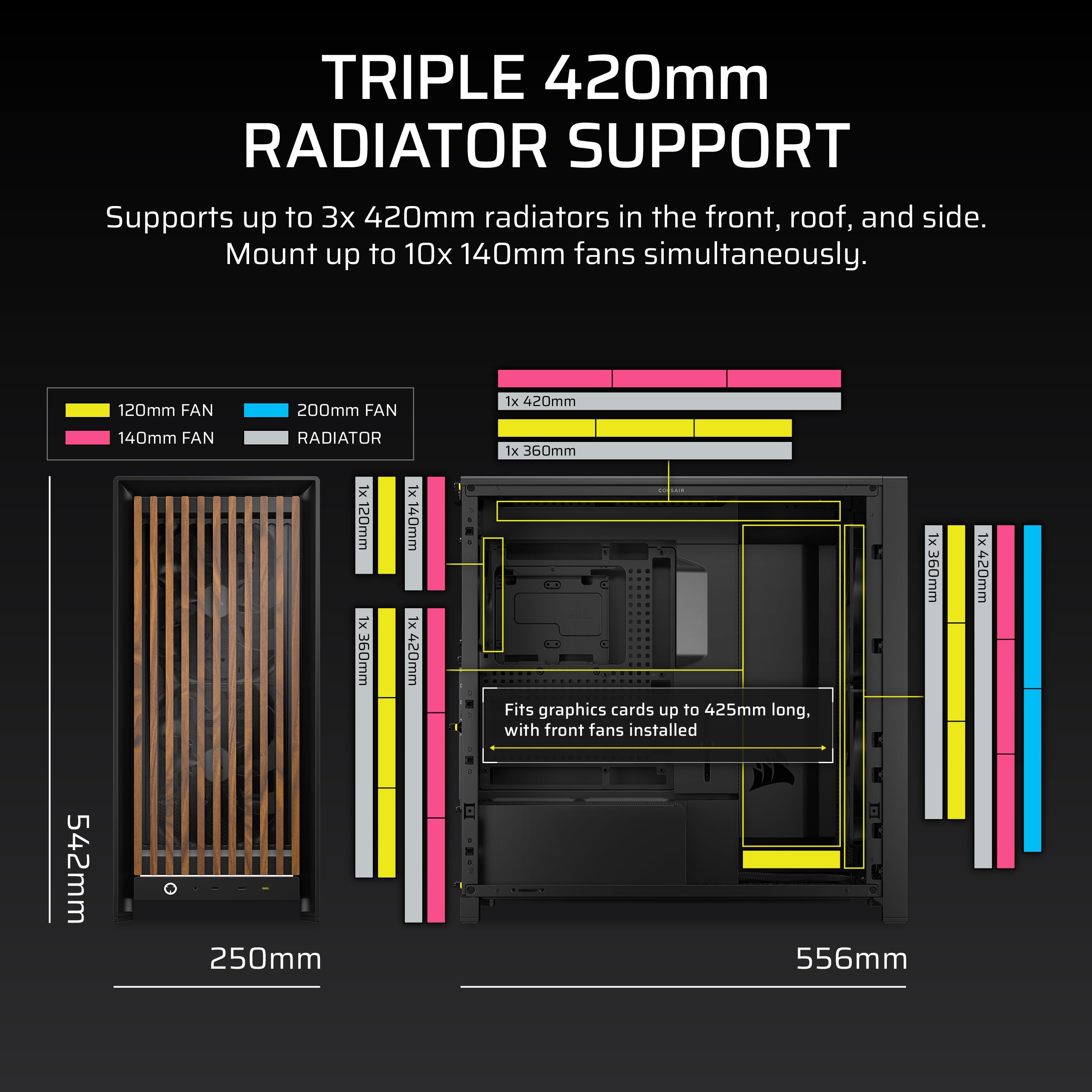 CORSAIR FRAME 5000D WOOD RS Mid-Tower ATX PC obudowa - panel przepływu powietrza z litego drewna, 3 x wstępnie zainstalowane wentylatory, modułowa personalizacja, przestronne wnętrze, GPU Anti-Sag