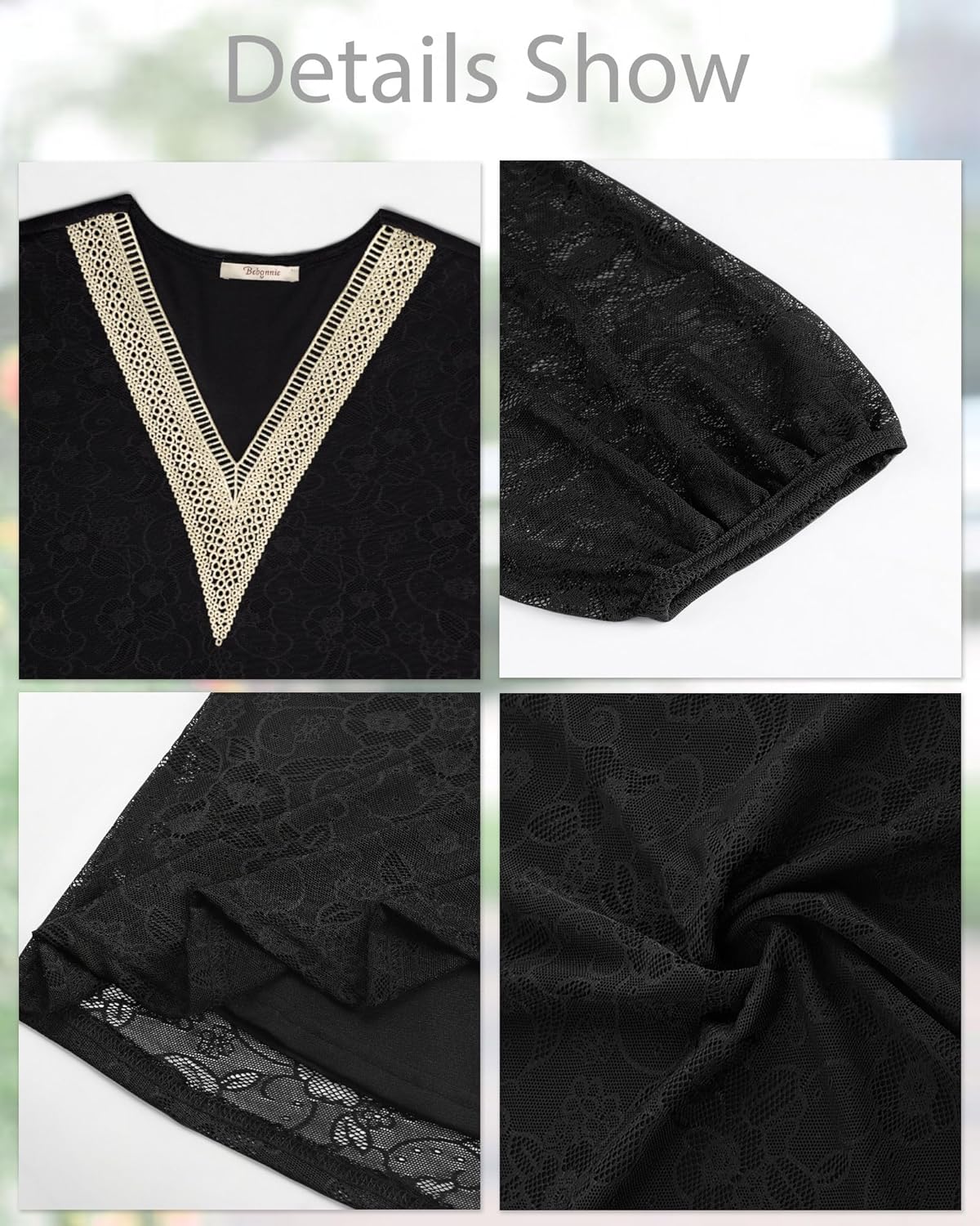 Bebonnie Women's Casual Long Sleeve Lace V Neck Double Layers Mesh Tunic Tops - Image 4