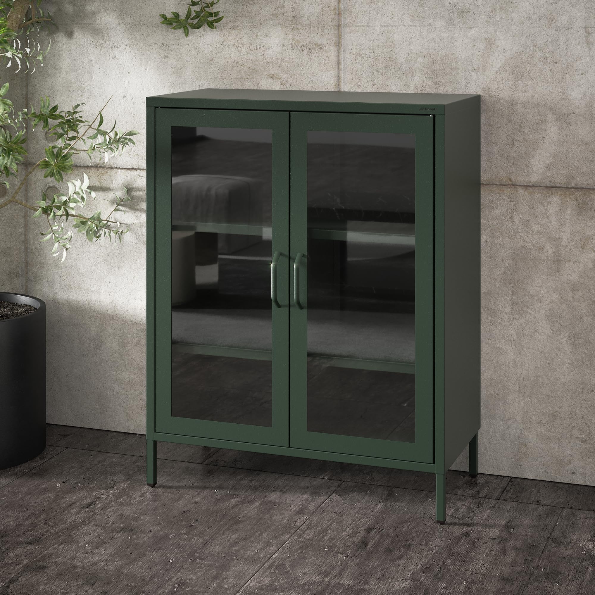 Jan Nowak 2-türiger Vitrinenschrank - GINA - 2 verstellbare Ablagen, Gehärtetes Glas, Wandmontage - Glasvitrine Stehend, Vitrine Glas, Wohmzimmerschrank Glitzernd - 80 x 101,5 x 40 cm - Flaschengrün