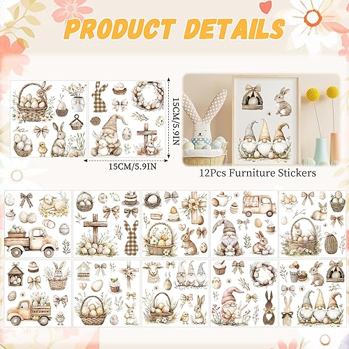 Miniatura 2 de Transferencias Rub on de Pascua para Manualidades - 12 Hojas de Calcomanías de Transferencias Vintage de Muebles de Pascua, Diseños de Huevo Conejo