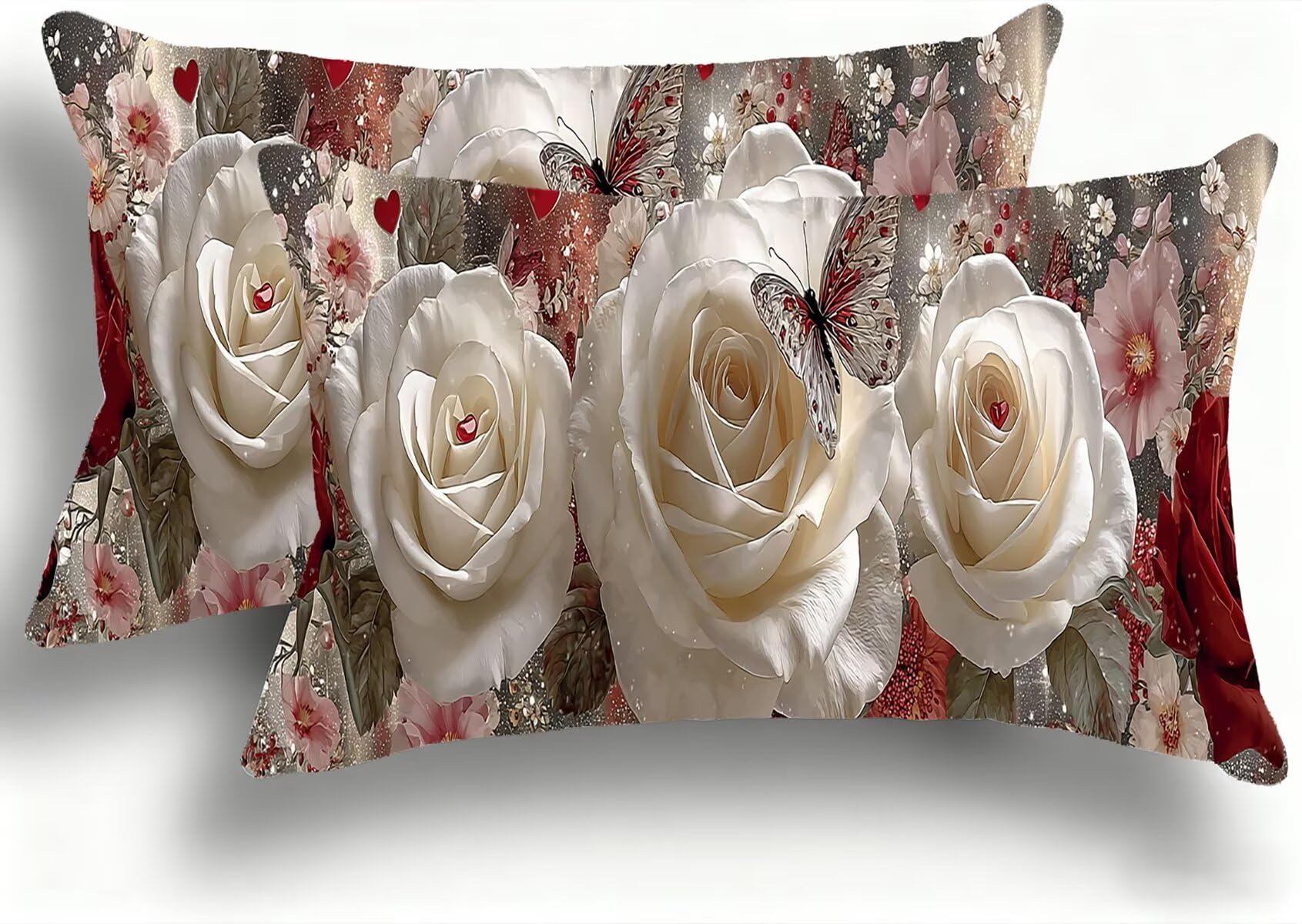 Oreiller decoratif housse de coussin 35x70 en velours rose à motif fleurs