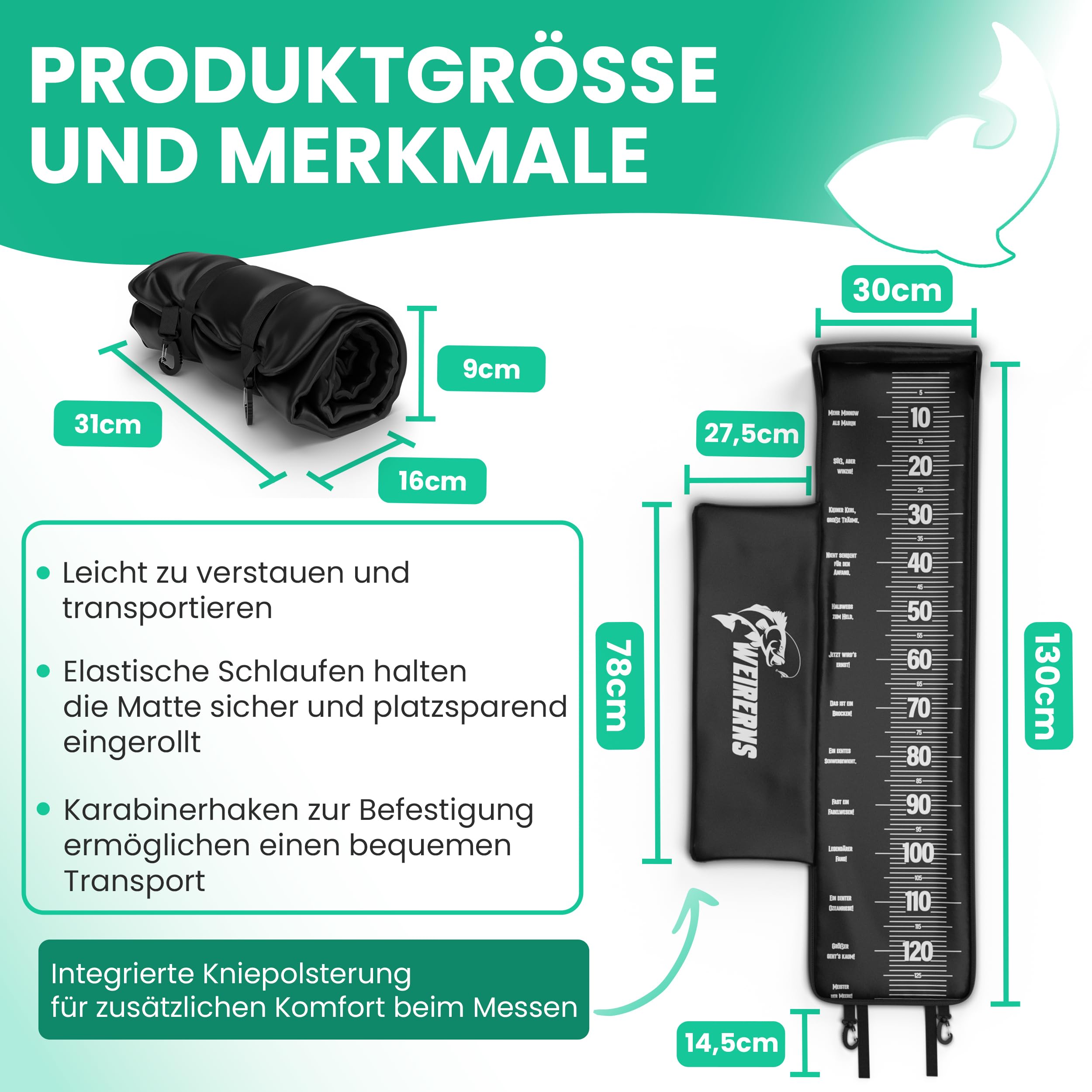 Premium Abhakmatte, Abhakmatte Angeln, Abhakmatte mit Maßband 130cm, mit humorvollen Sprüchen & ohne, leicht zusammenrollbar & Kantenschutz