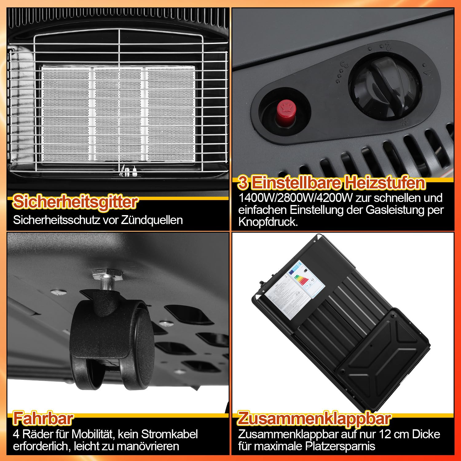 Ogrzewanie gazowe, ogrzewanie gazowe, wewnętrzne, 3-stopniowy regulator, moc cieplna 1400-4200 W, maks. pojemność grzewcza 80 metrów sześciennych, butle z butanem lub propanem do 10 kg, w
