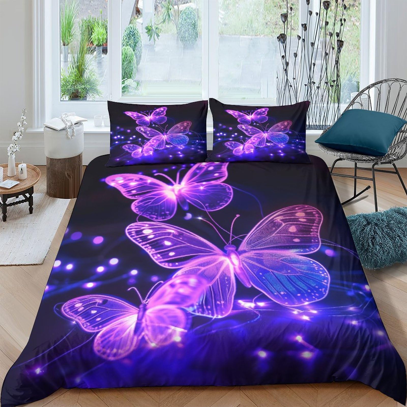 BARDYS Butterfly for Teens And Adults Duvet Cover 3D Print Purple Quilt Cover Comforter Covers Bedding Set with Zipper Closure with Pillow Cases Soft Microfiber 3 Pieces Double（200x200cm）