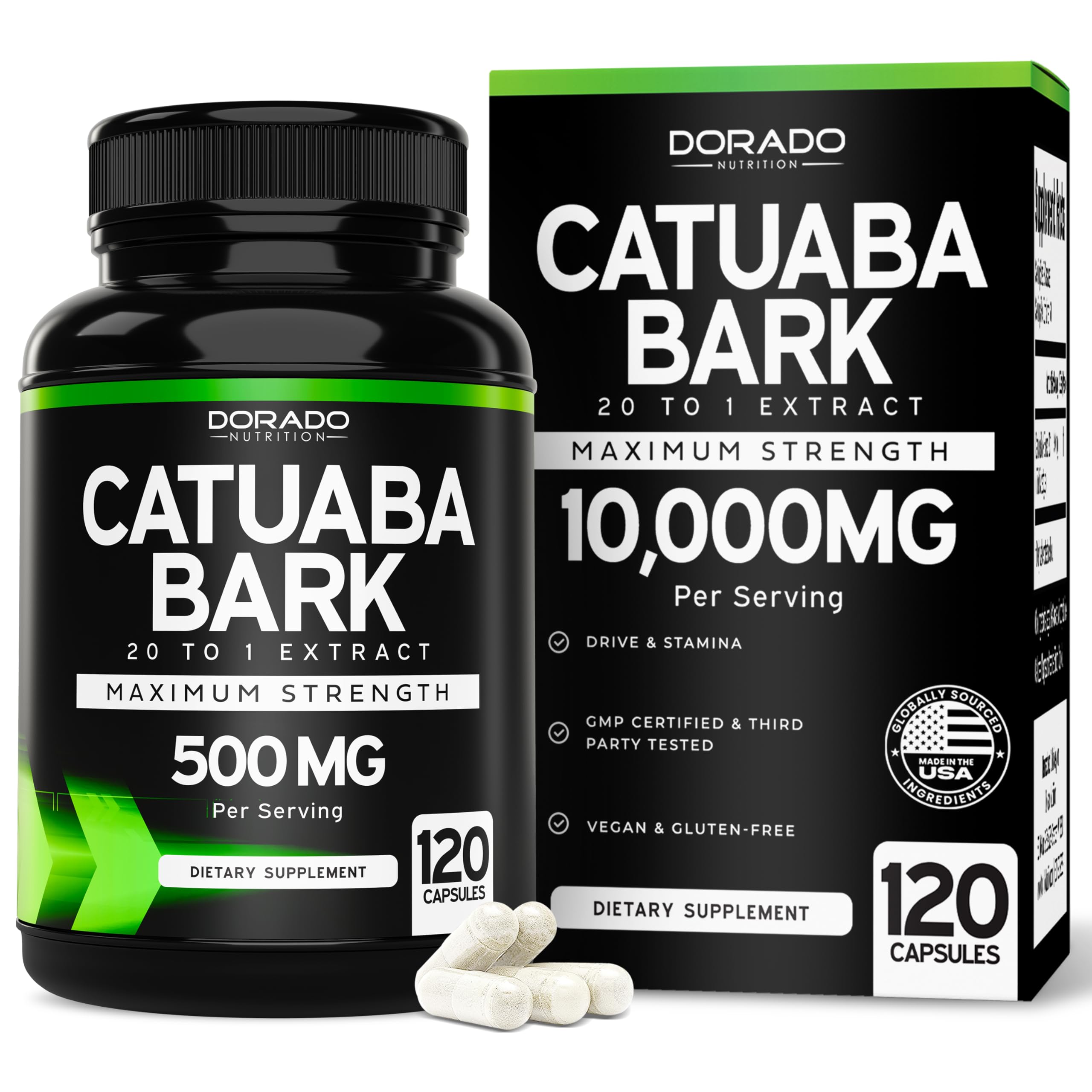 Catuaba Bark Extract 10,000mg Per Serving (120 Capsules) (Erythroxylum Catuaba) 3rd Party Tested - Drive & Stamina - Made in The USA - Gluten Free & Non-GMO - Vegan - For Men & Women - (120 Capsules)