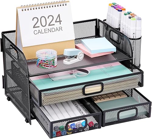 Miniatura 1 de NCXTKJ Organizador de escritorio de malla de 3 bandejas con cajones y soporte para bolígrafos, organizador de archivos de escritorio, clasificador