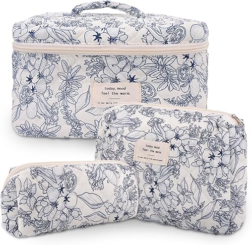 GISMTR Bolsa de maquillaje acolchada de algodón, 3 piezas, bolsa de cosméticos de viaje, bolsa de maquillaje coqueta, bonita bolsa de aseo floral GISMTR Bolsa de maquillaje acolchada de algodón, 3 piezas, bolsa de cosméticos de viaje, bolsa de maquillaje coqueta, bonita bolsa de aseo floral